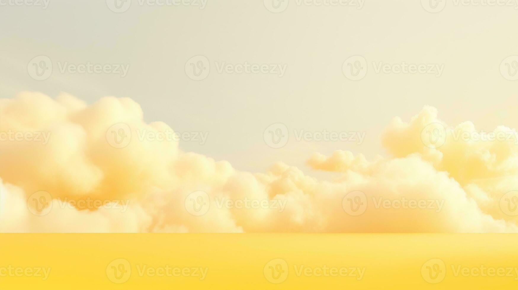 Generative AI, Light yellow fantastic 3d clouds on the floor, sky and landscape. Gentle colors and with bright lights. photo