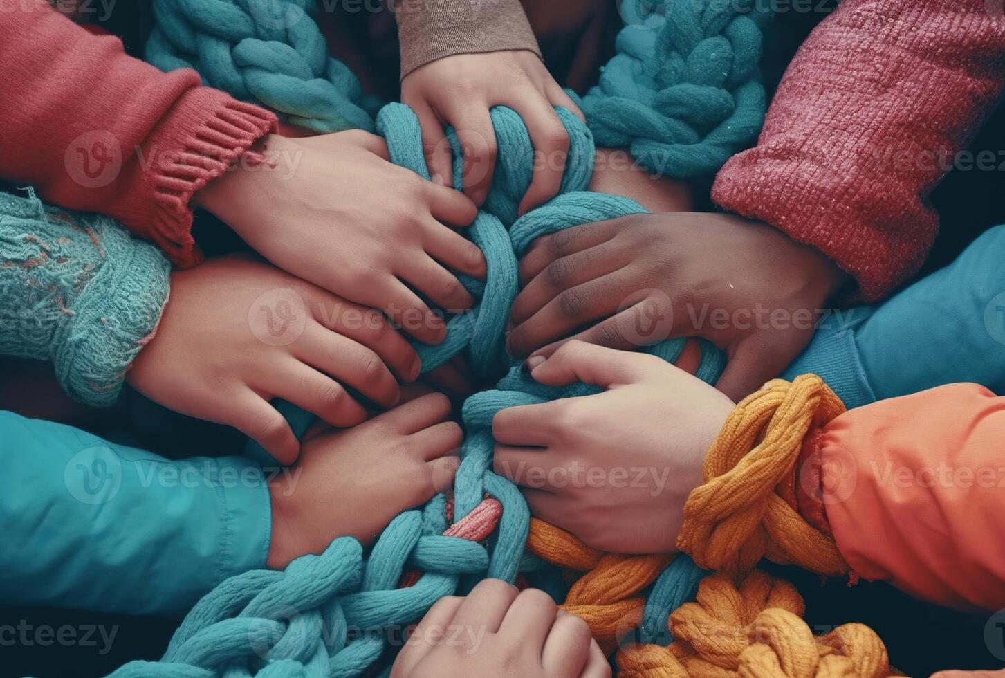 Generative AI, peoples hands working together to untangle a knotted rope. Business teamwork. photo