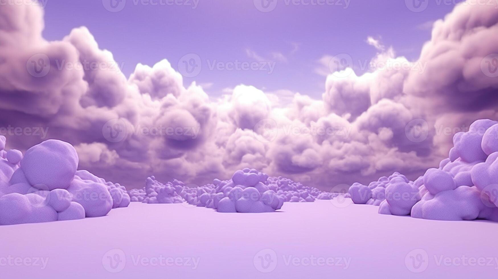 , Purple, digital lavender color fantastic 3d clouds on the floor, sky and landscape. Gentle colors and with bright lights. photo