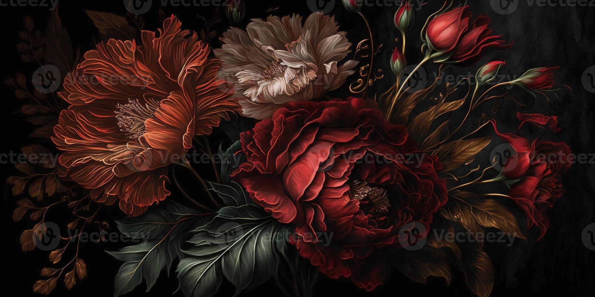 , Close up of blooming flowerbeds of amazing red color flowers on dark moody floral textured background. Photorealistic effect.. photo