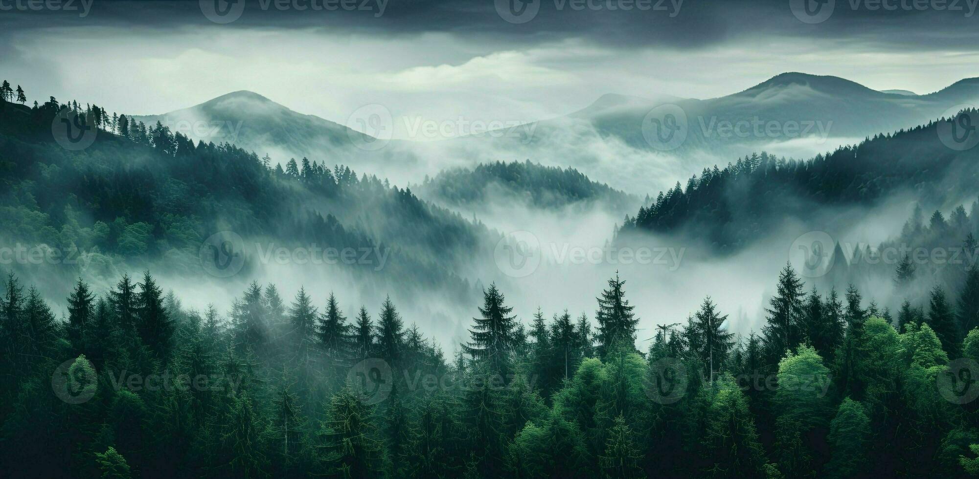 Generative AI, Misty fir forest beautiful landscape in hipster vintage retro style, foggy mountains and trees. photo