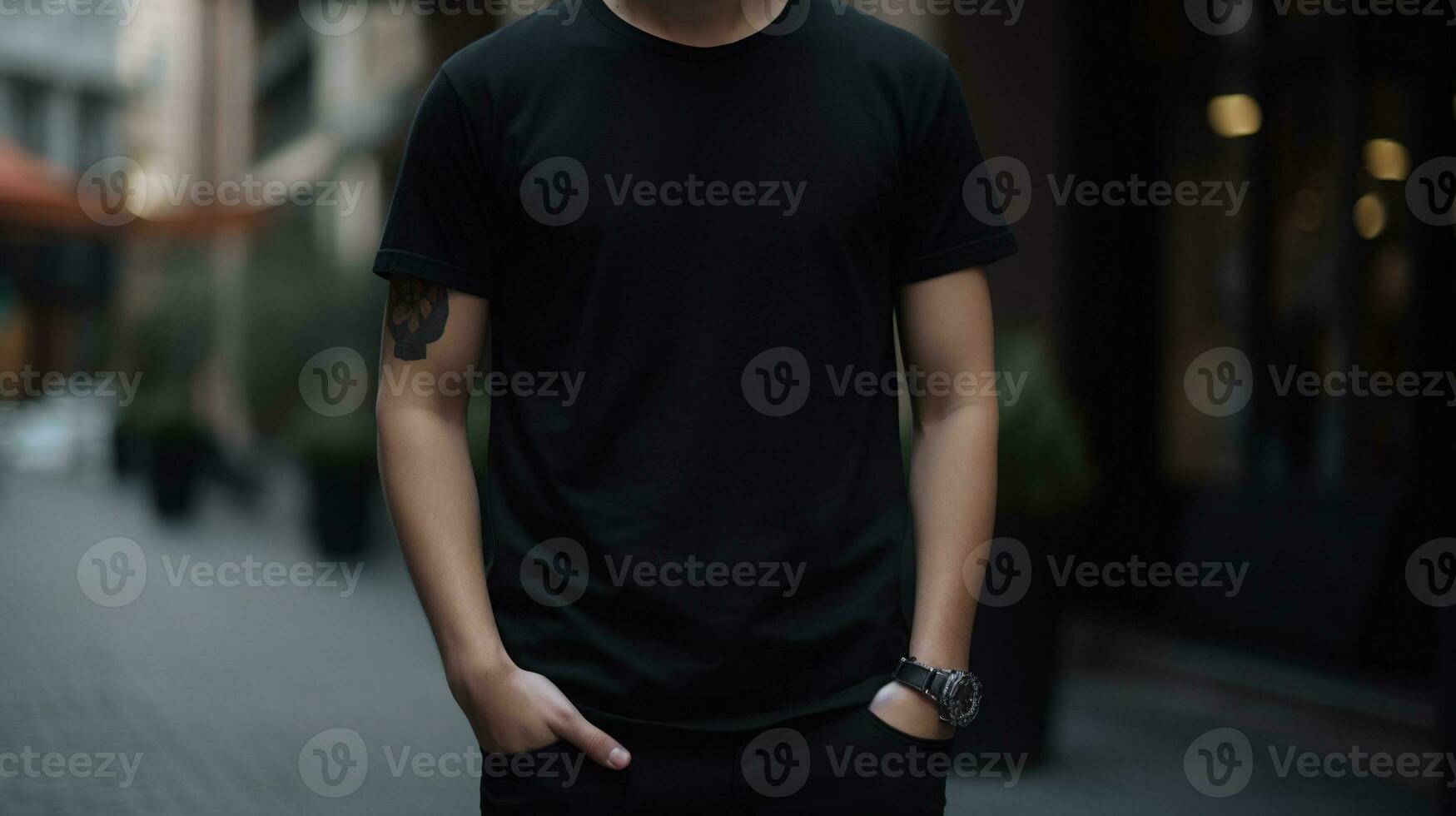 Generative AI, Realistic black T-Shirt mock up blank put on young man, copyspace for presentation advertising. Blank business concept photo