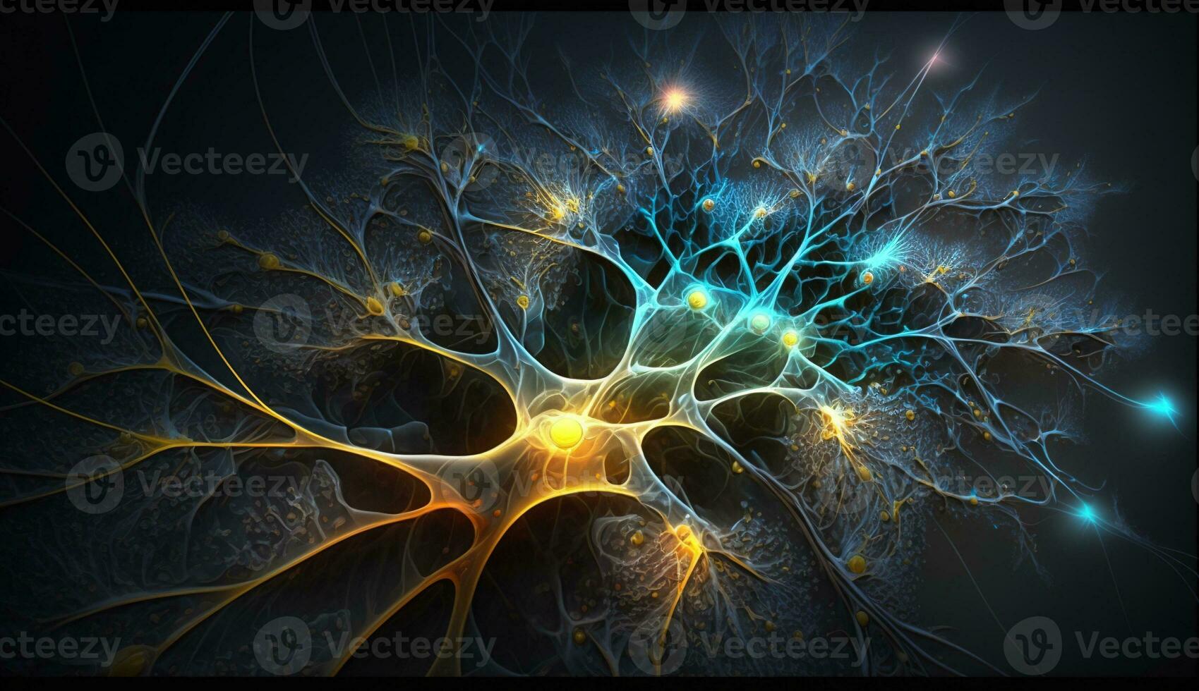 Generative AI, Conceptual illustration of neuron cells with glowing link knots in abstract dark space, high resolution. Human nervous system photo