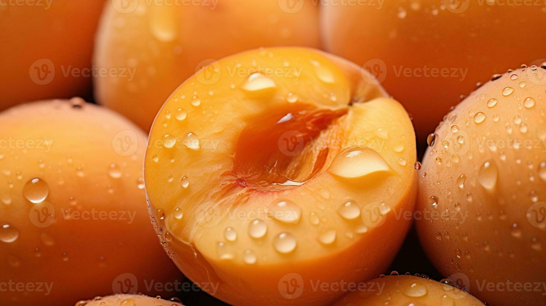 Generative AI, bright slice of juicy ripe apricot and water drops, macro of summer fruit photo