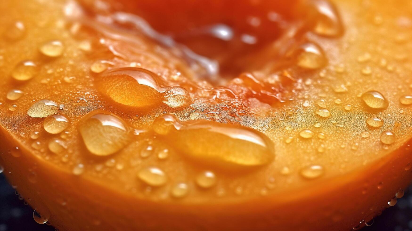 , bright slice of juicy ripe apricot and water drops, macro of summer fruit photo