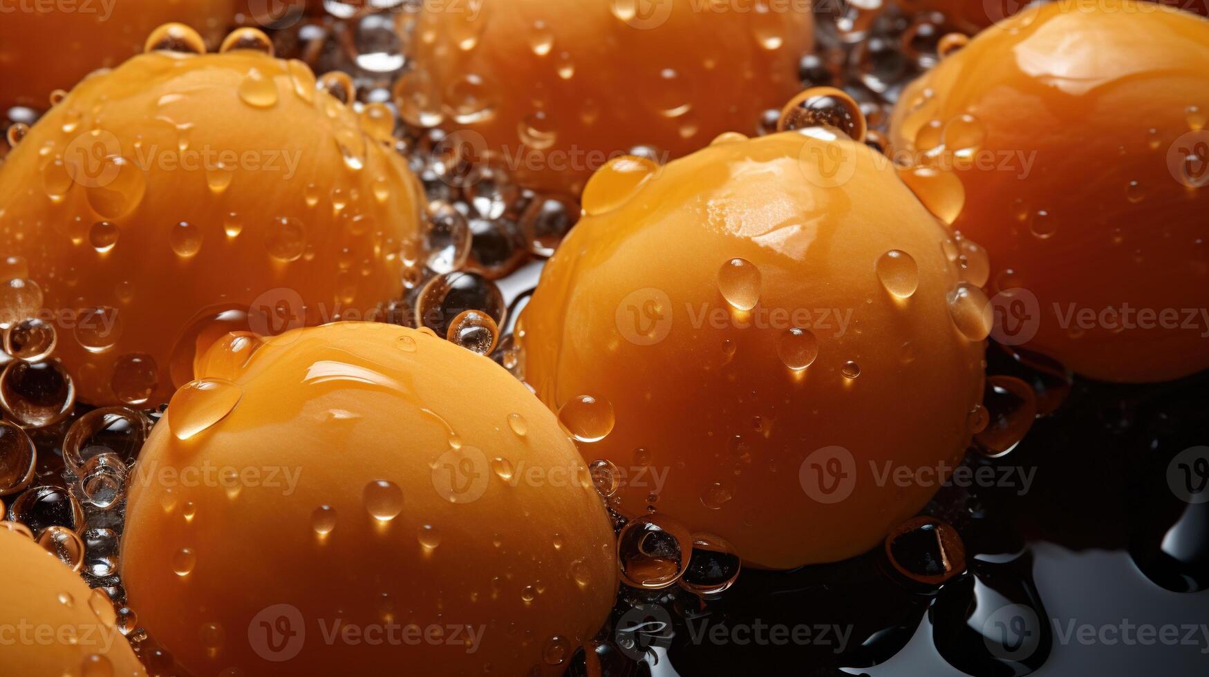 , bright slice of juicy ripe apricot and water drops, macro of summer fruit photo