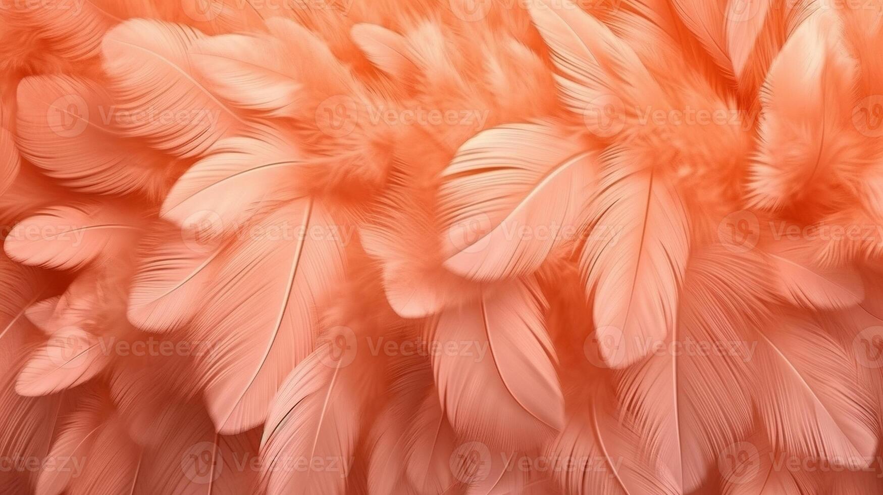 Generative AI, Beautiful light orange, apricot color closeup feathers, photorealistic background. Small fluffy orange feathers randomly scattered forming photo