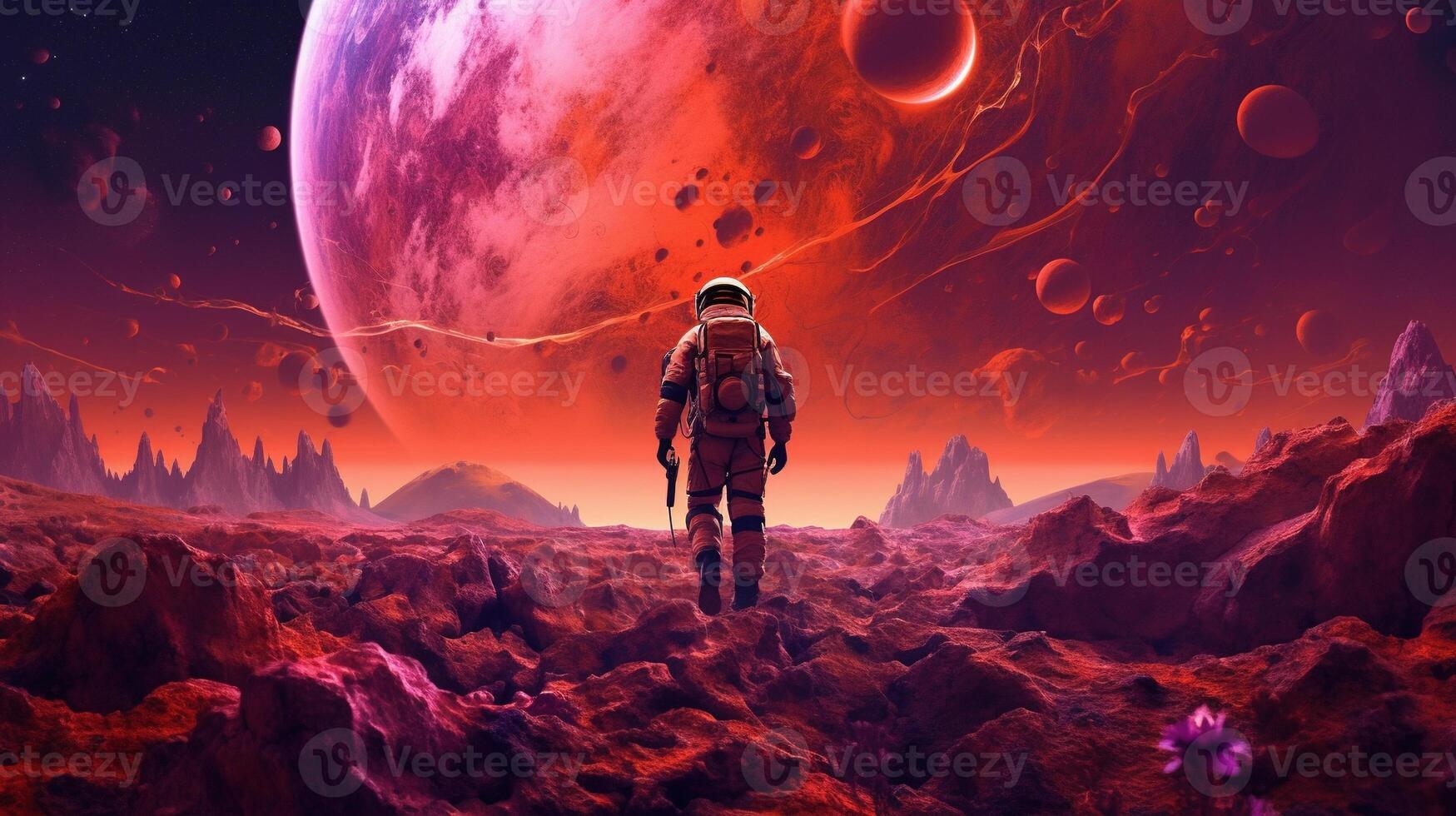 Generative AI, astronaut on planet mars, exploring planets in outer space. Fantasy surreal illustration photo