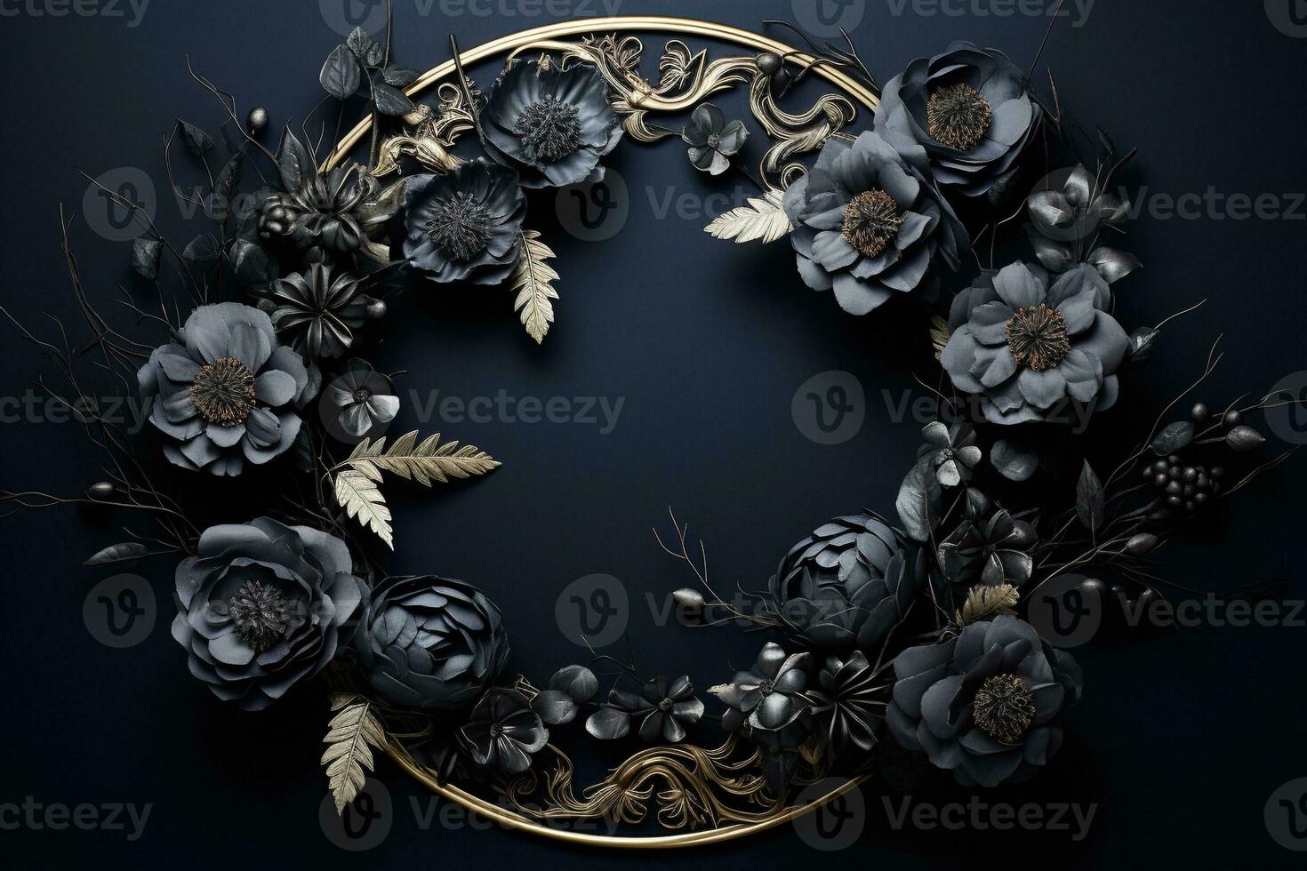 Generative AI, Close up wreath, blooming flowerbeds of amazing black flowers on dark moody floral textured background. photo