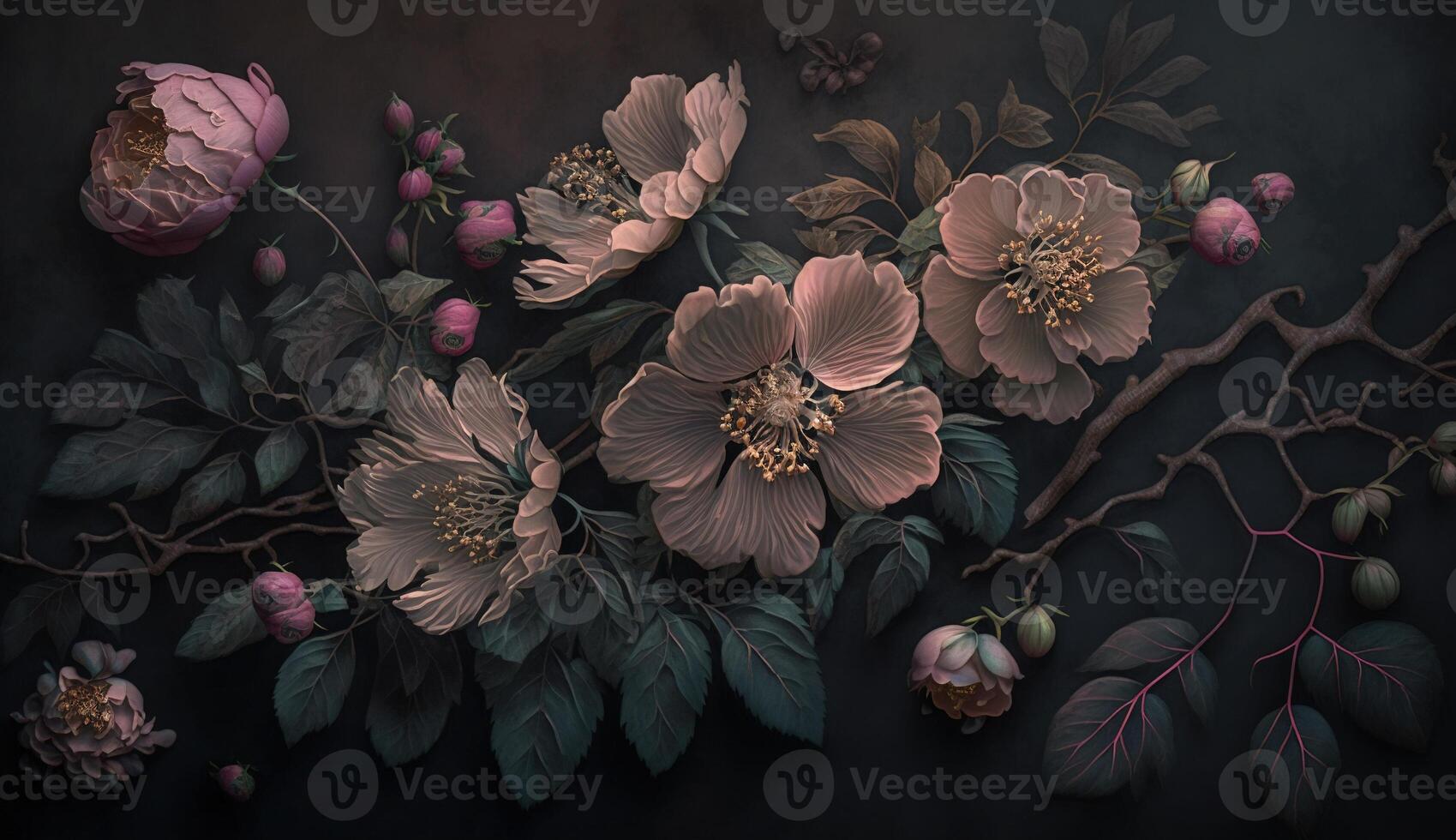 , Close up of blooming flowerbeds of amazing light pink flowers on dark moody floral textured background. Photorealistic effect. photo