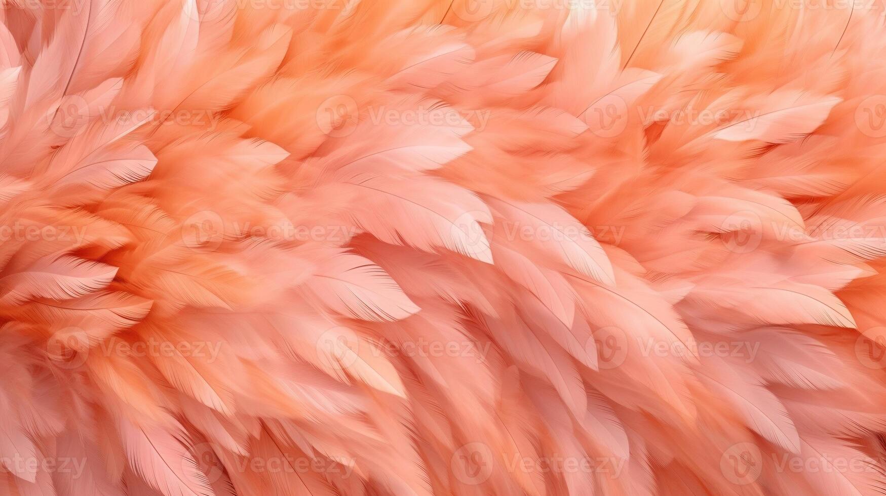 Generative AI, Beautiful light orange, apricot color closeup feathers, photorealistic background. Small fluffy orange feathers randomly scattered forming photo