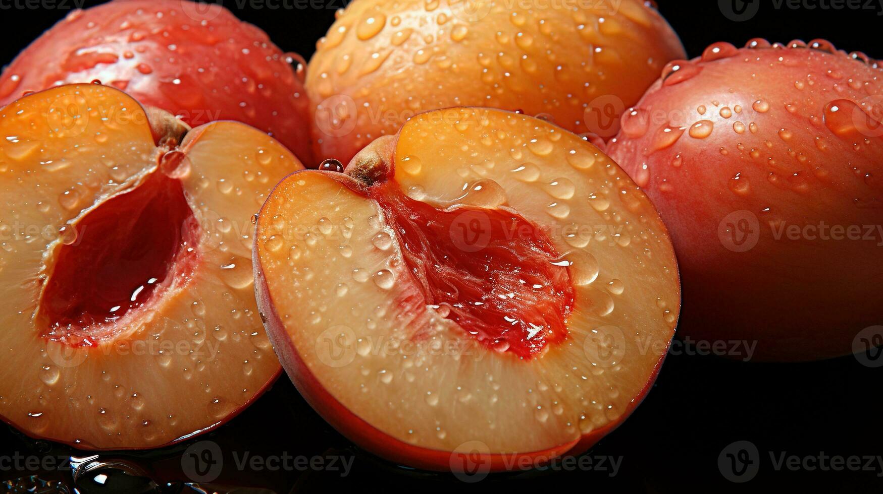 Generative AI, bright slice of juicy ripe apricot and water drops, macro of summer fruit photo