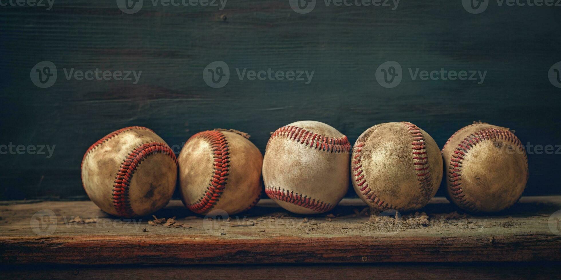 generativo ai, áspero y escabroso textura de antiguo béisbol pelotas cerca arriba en Clásico antecedentes foto