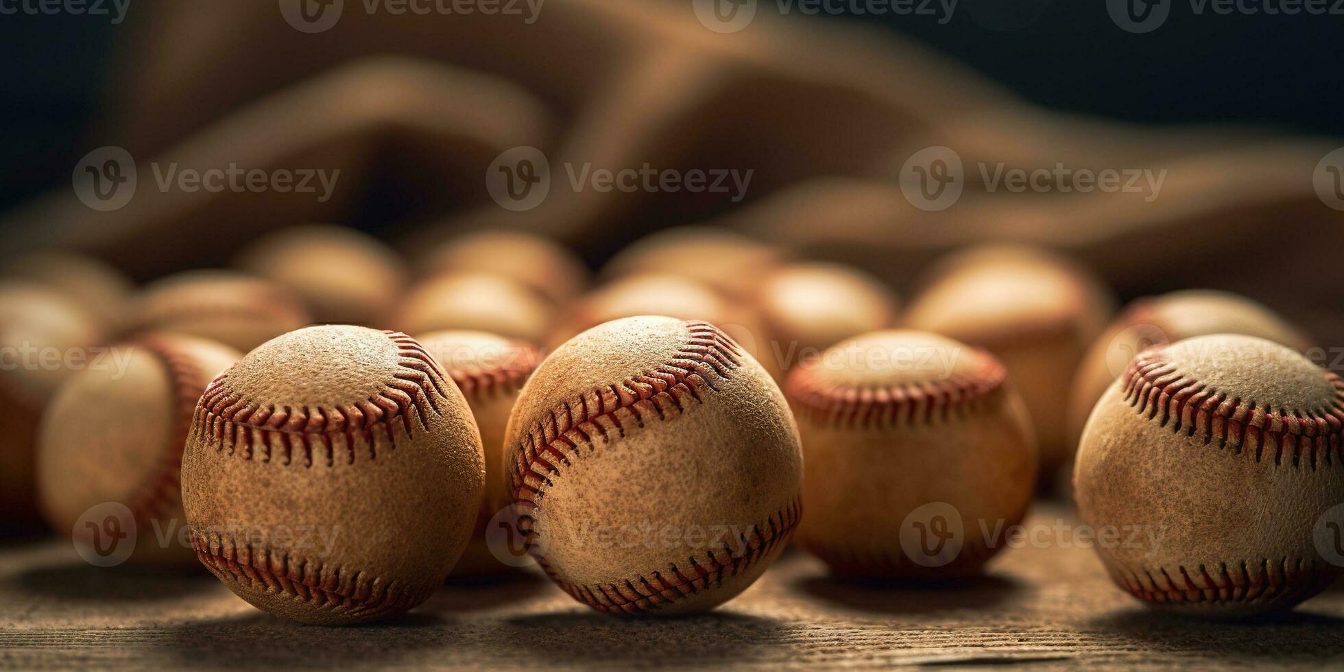 Generative AI, Rough and rugged texture of old baseball balls close up on vintage background photo