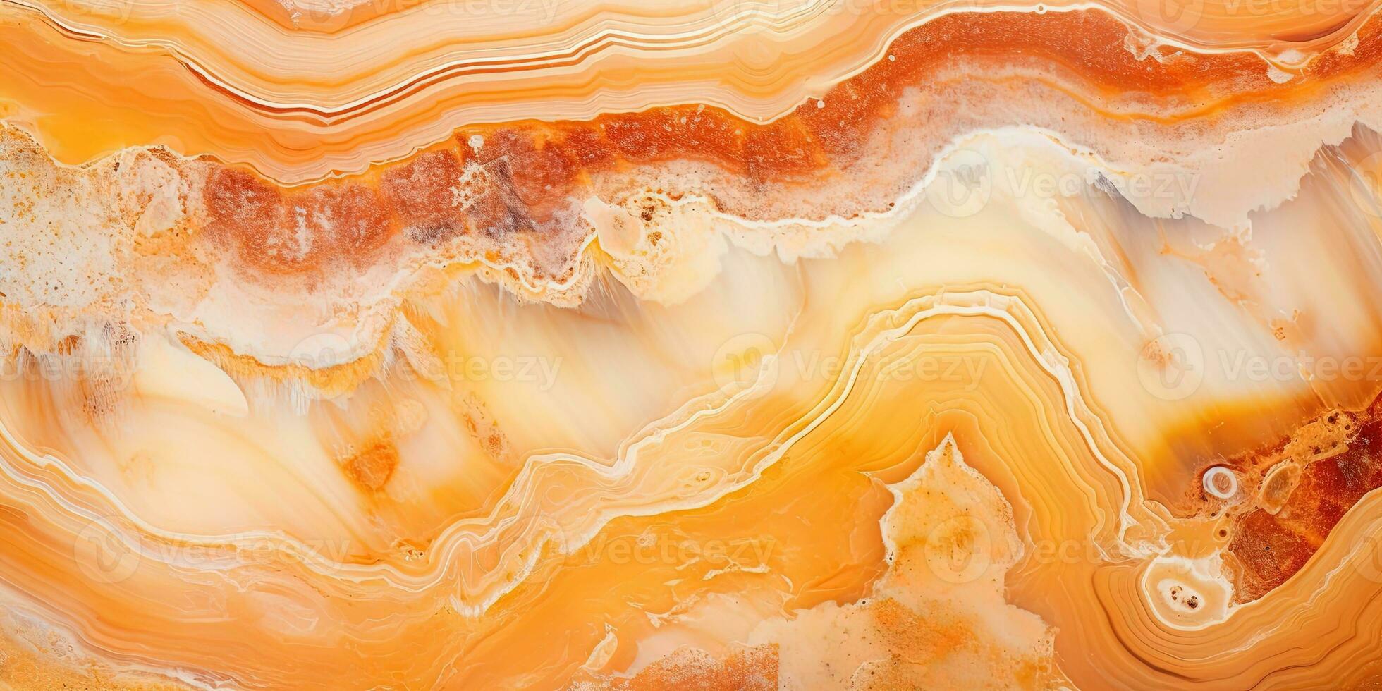 Generative AI, natural volcanic agate stones close-up light orange, apricot crush and golden texture. Wallpaper background, quartz marble, decorative rock pattern. photo