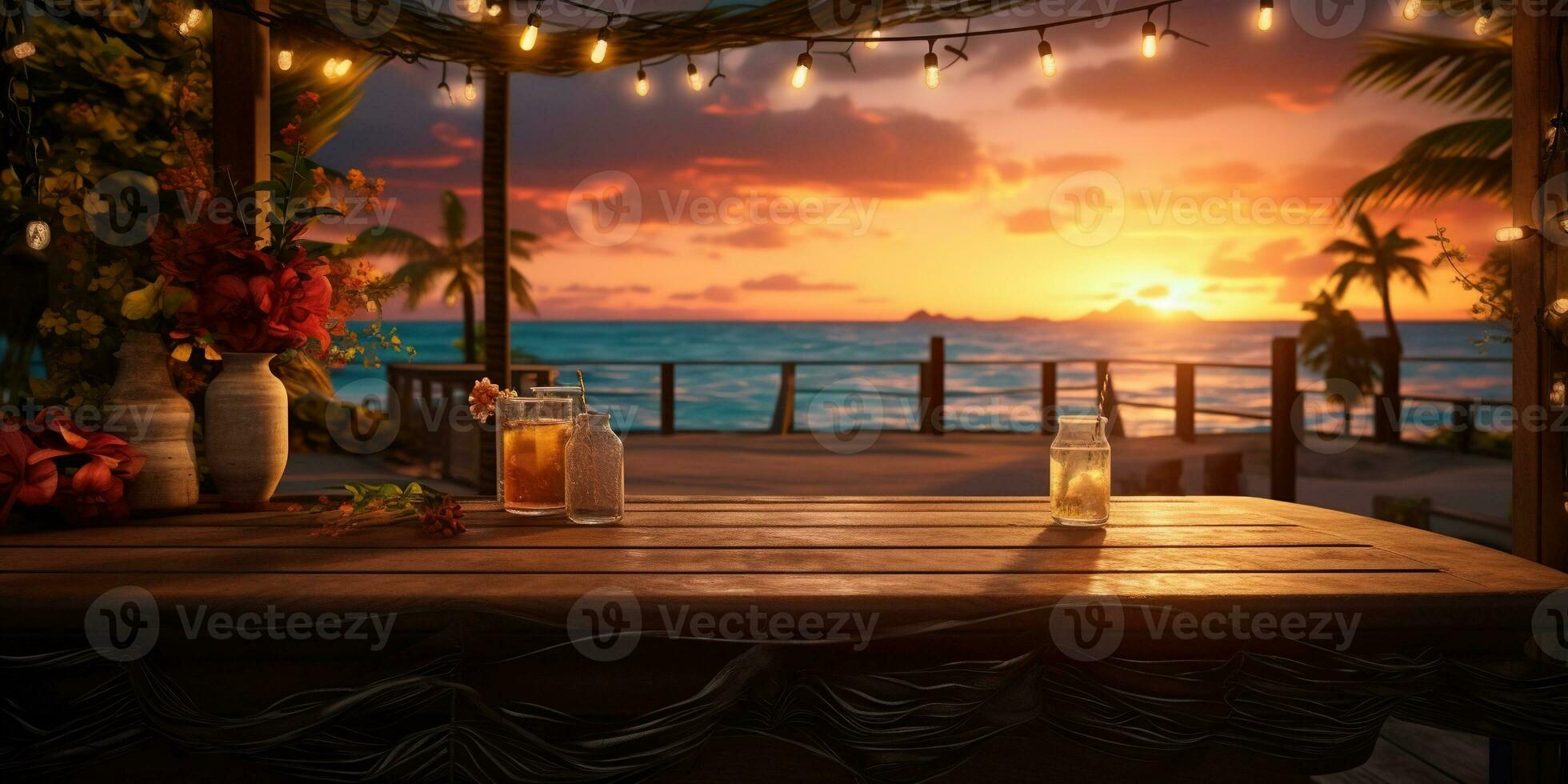 Generative AI, Tropical summer sunset beach bar background. Outdoor restaurant, Led light candles and wooden tables, chairs under beautiful sunset sky, sea view. photo