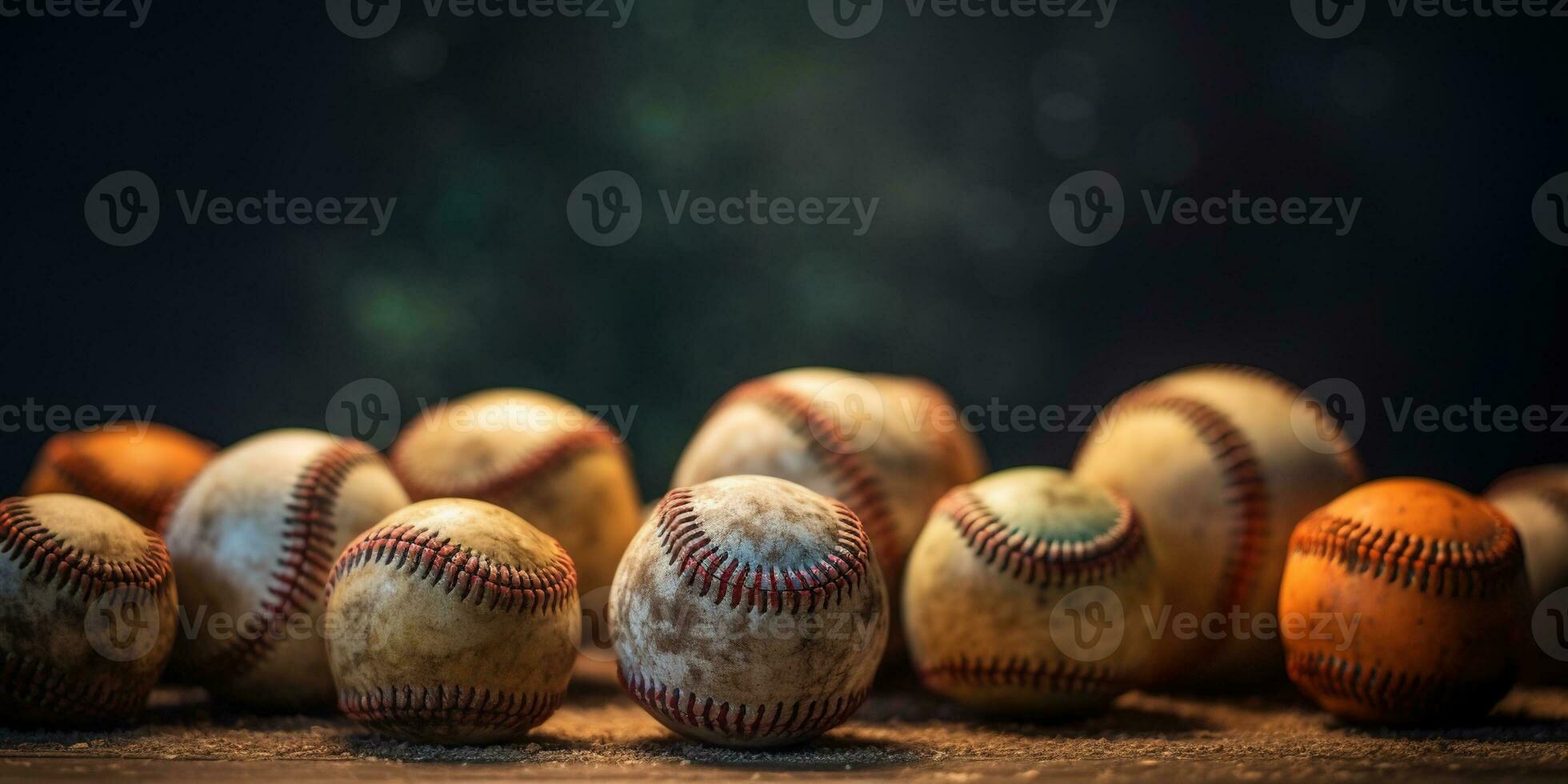 Generative AI, Rough and rugged texture of old baseball balls close up on vintage background photo