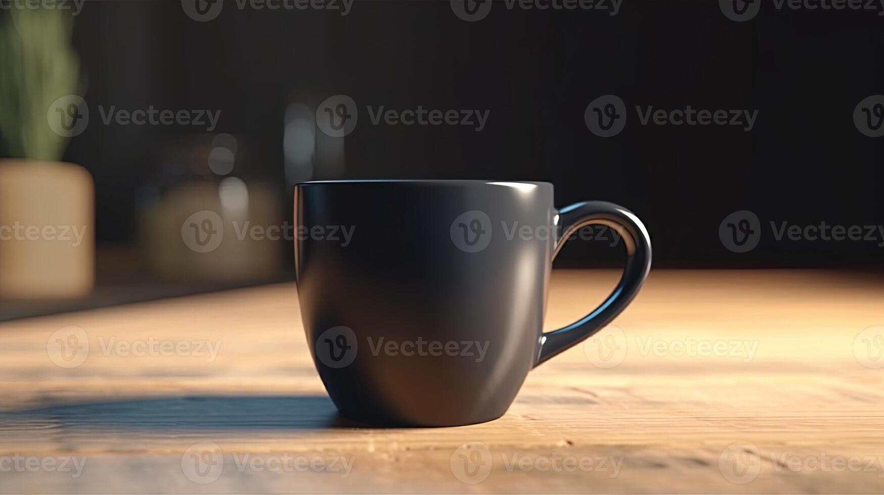 Generative AI, Black ceramic cup set-up in at home interior, mug mock up blank. photo