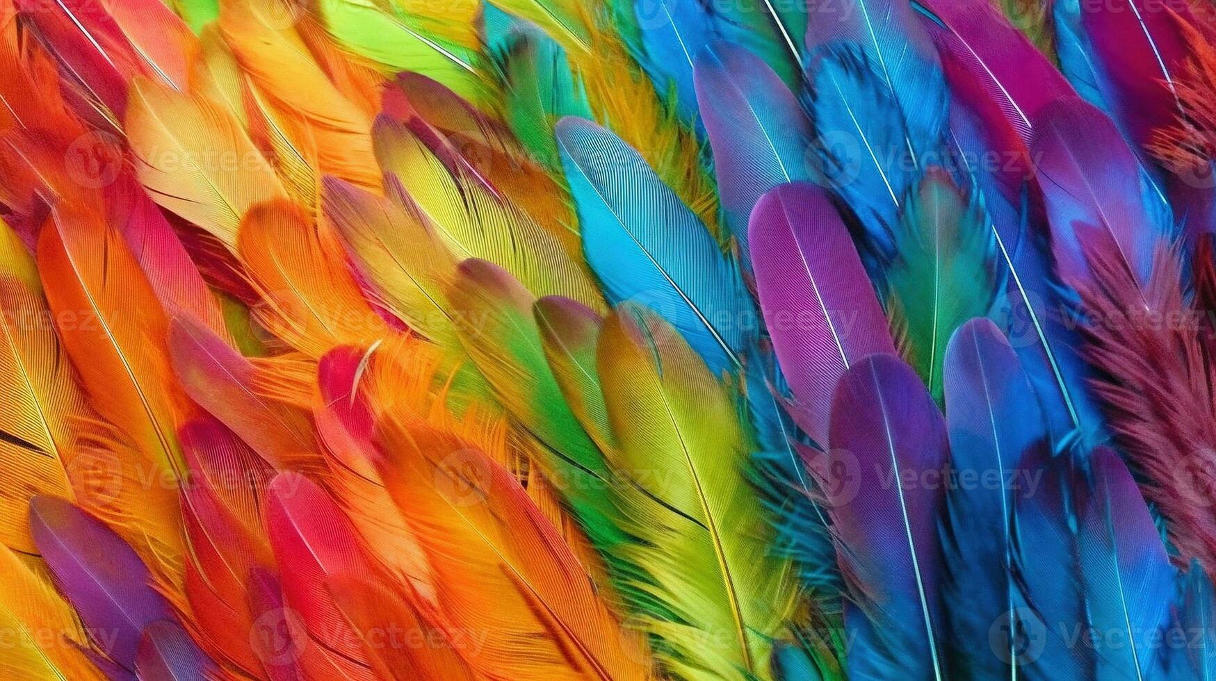 Generative AI, Beautiful rainbow colorful closeup feathers, photorealistic background, top view, aerial view. Small fluffy, inspired by Andreas Gursky and Andy Goldsworthy photo