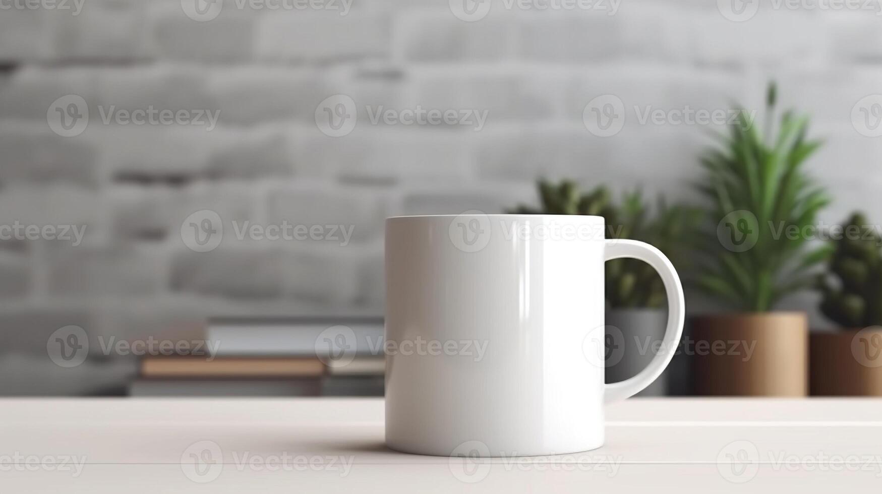 Generative AI, White ceramic cup set-up in at home interior, mug mock up blank. photo