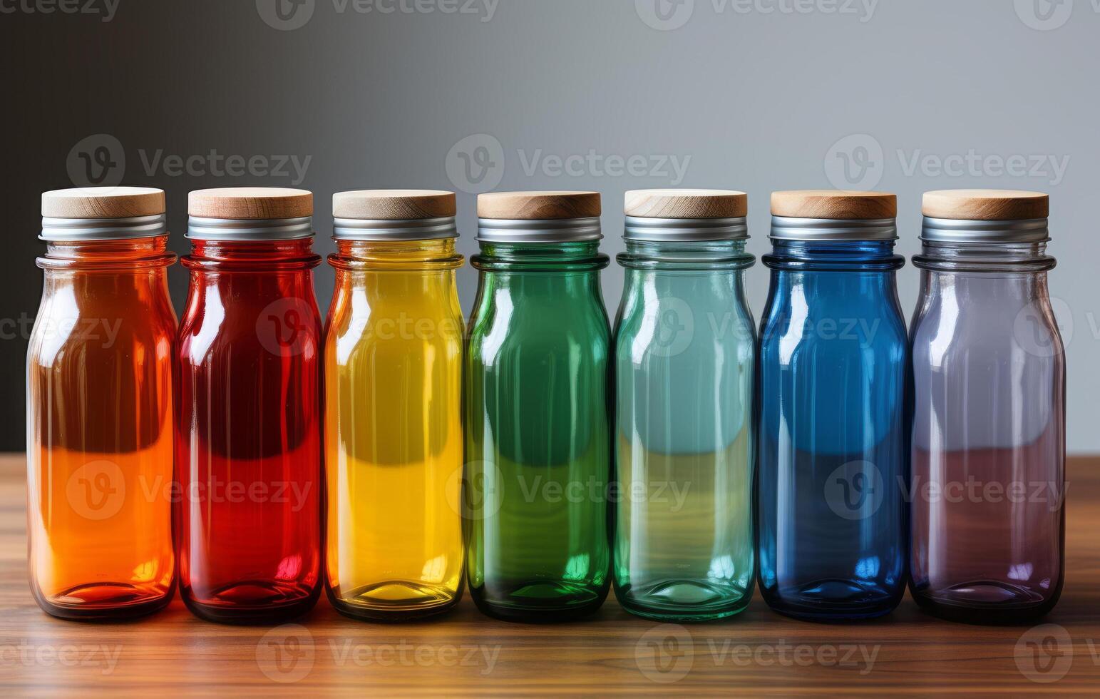 Colored glass jars on a white desktop in the style of colorful animation frames. AI Generated photo