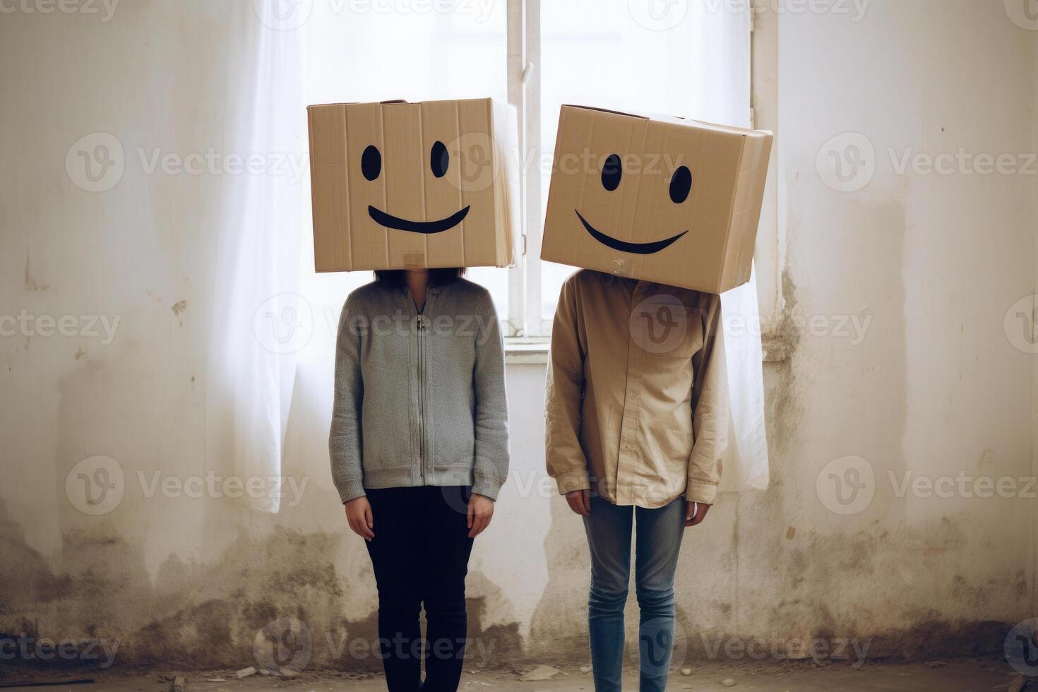 Man and woman with cardboard boxes on head. Generative AI photo