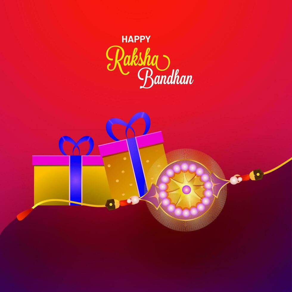contento raksha Bandhan saludo tarjeta con regalo cajas, hermosa rakhi en rojo y púrpura antecedentes. indio festival de hermano y hermana enlace concepto. vector