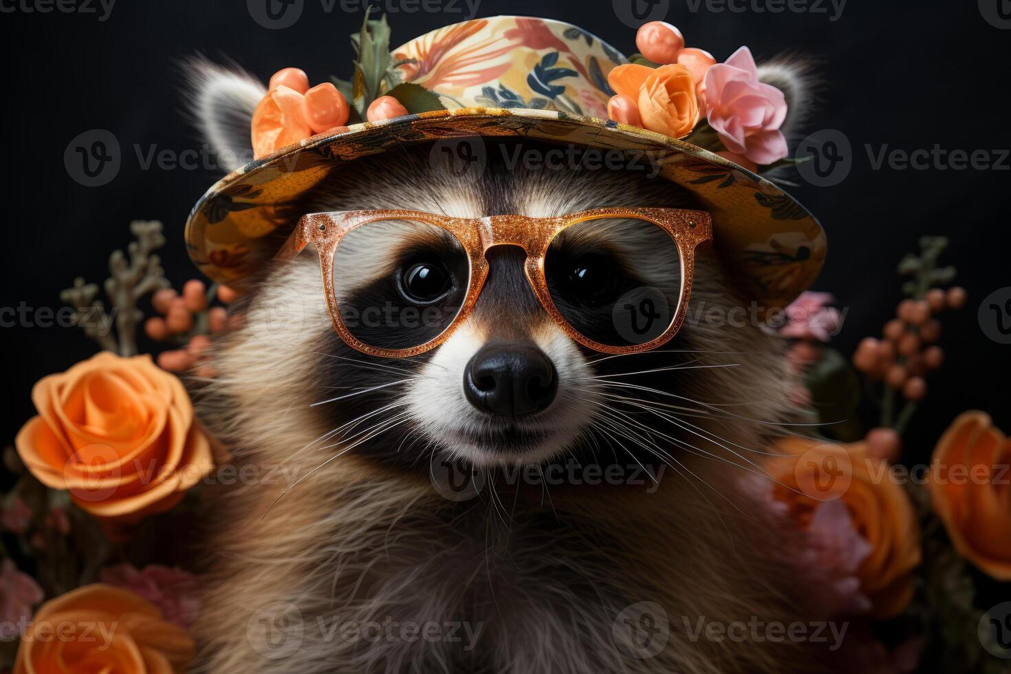 Funny party raccoon wearing colorful summer hat and stylish sunglasses. AI Generated photo