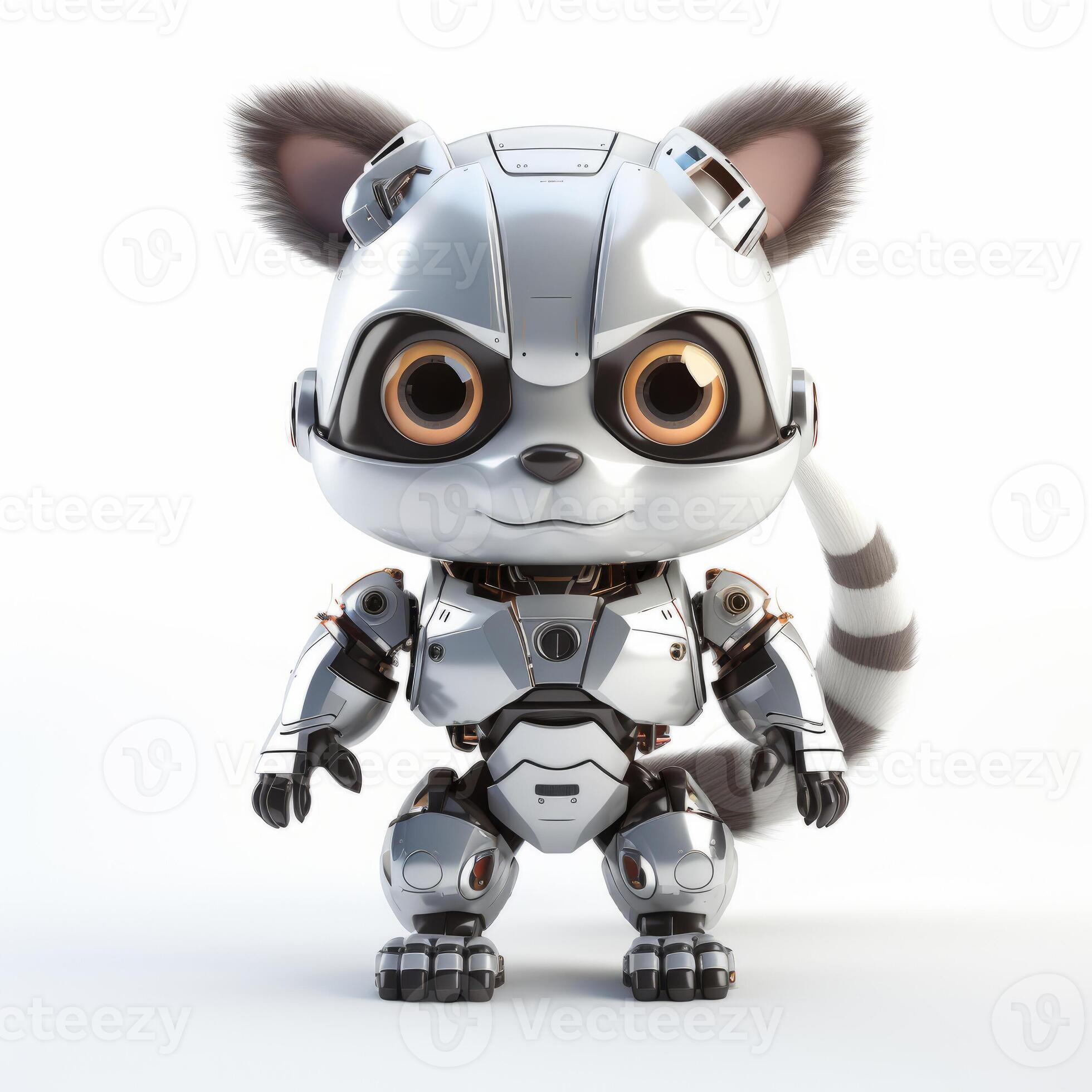 Cute and funny raccoon robot, robotic animal isolated over white
