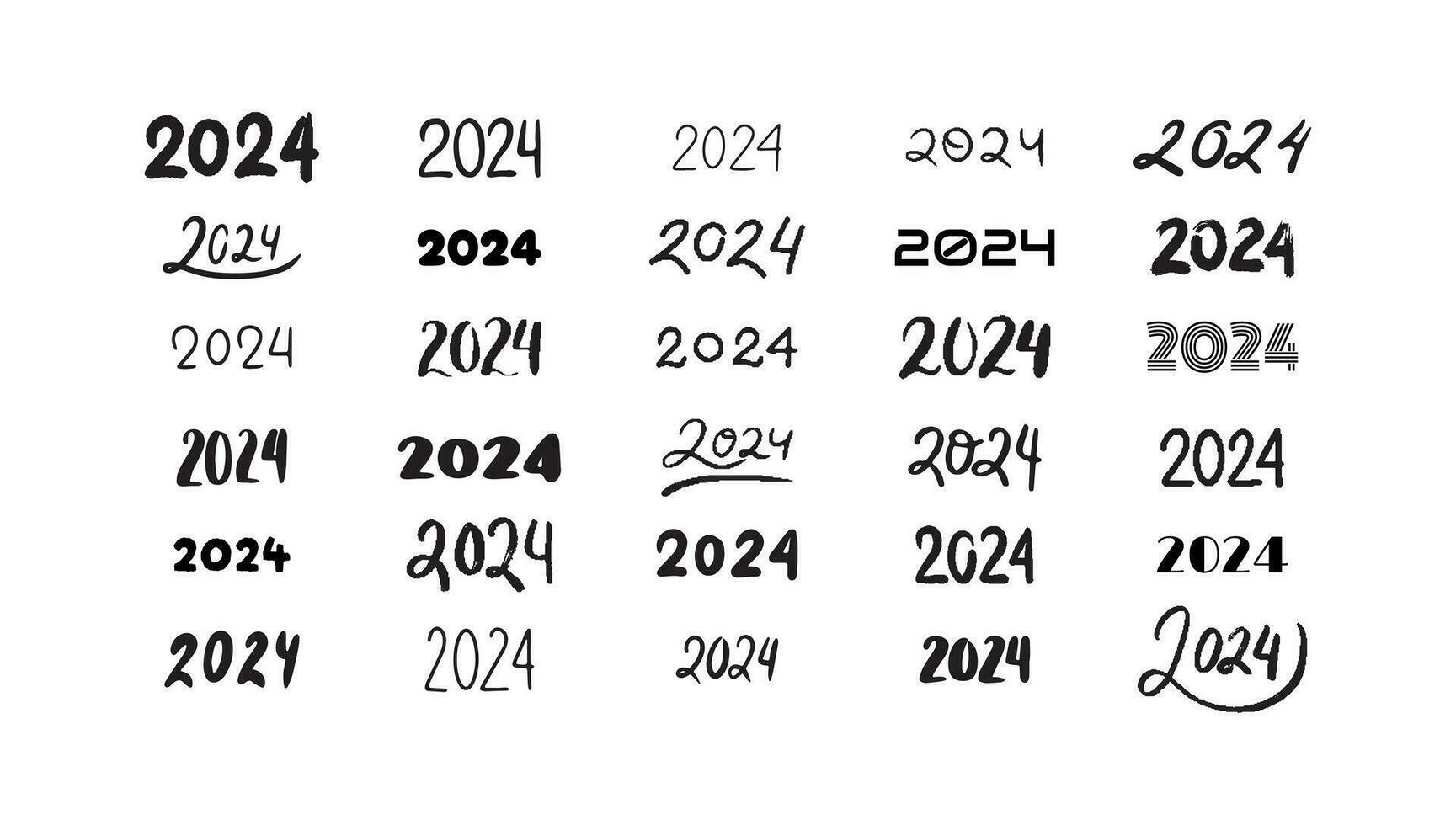 2024 lettering collection. Set of 2024 Happy New Year hand drawn symbols. Number template, logo, poster, greeting card design. vector