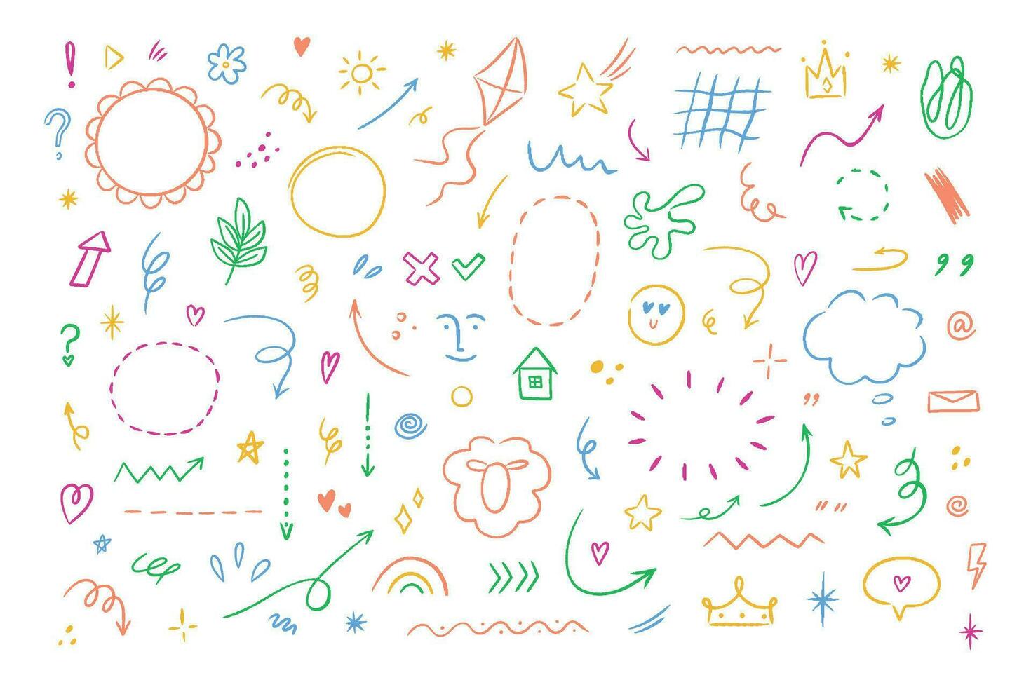 Sketch line simple elements such as cloud, star, heart shape. Hand drawn simple elements set. Doodle vector illustration isolated on white background.