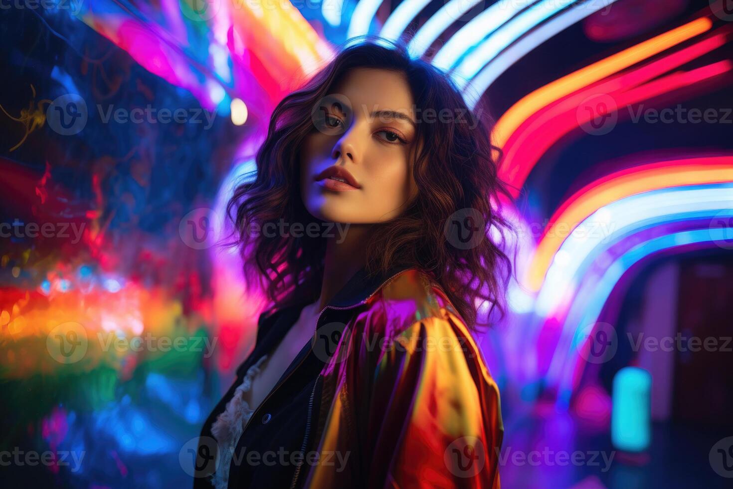 Woman portrait on abstract colorful background. photo