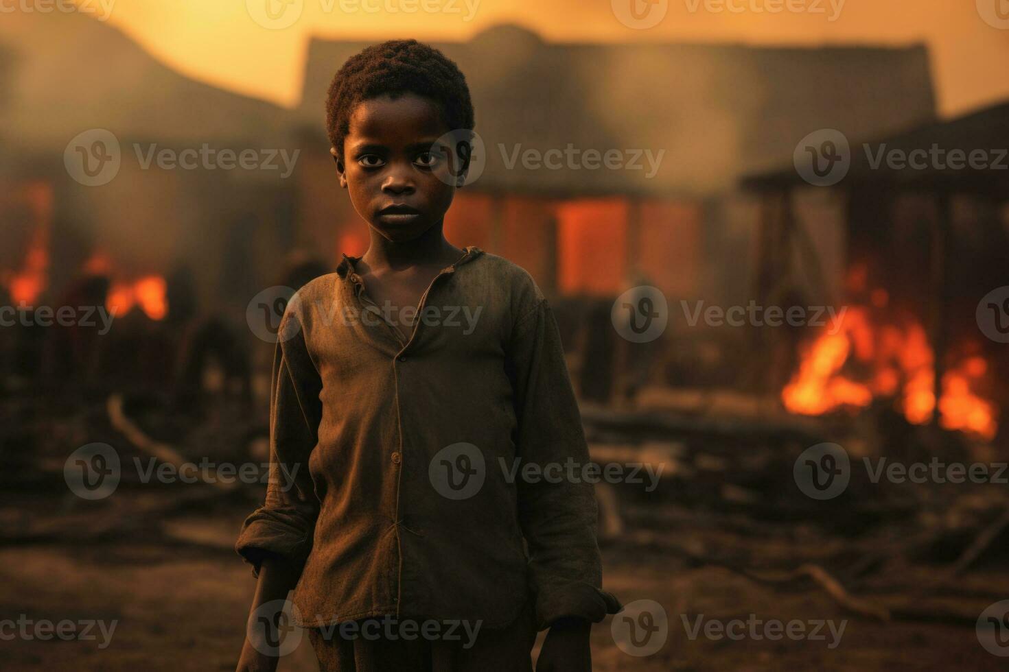 Portrait of african boy in village. Generative AI photo