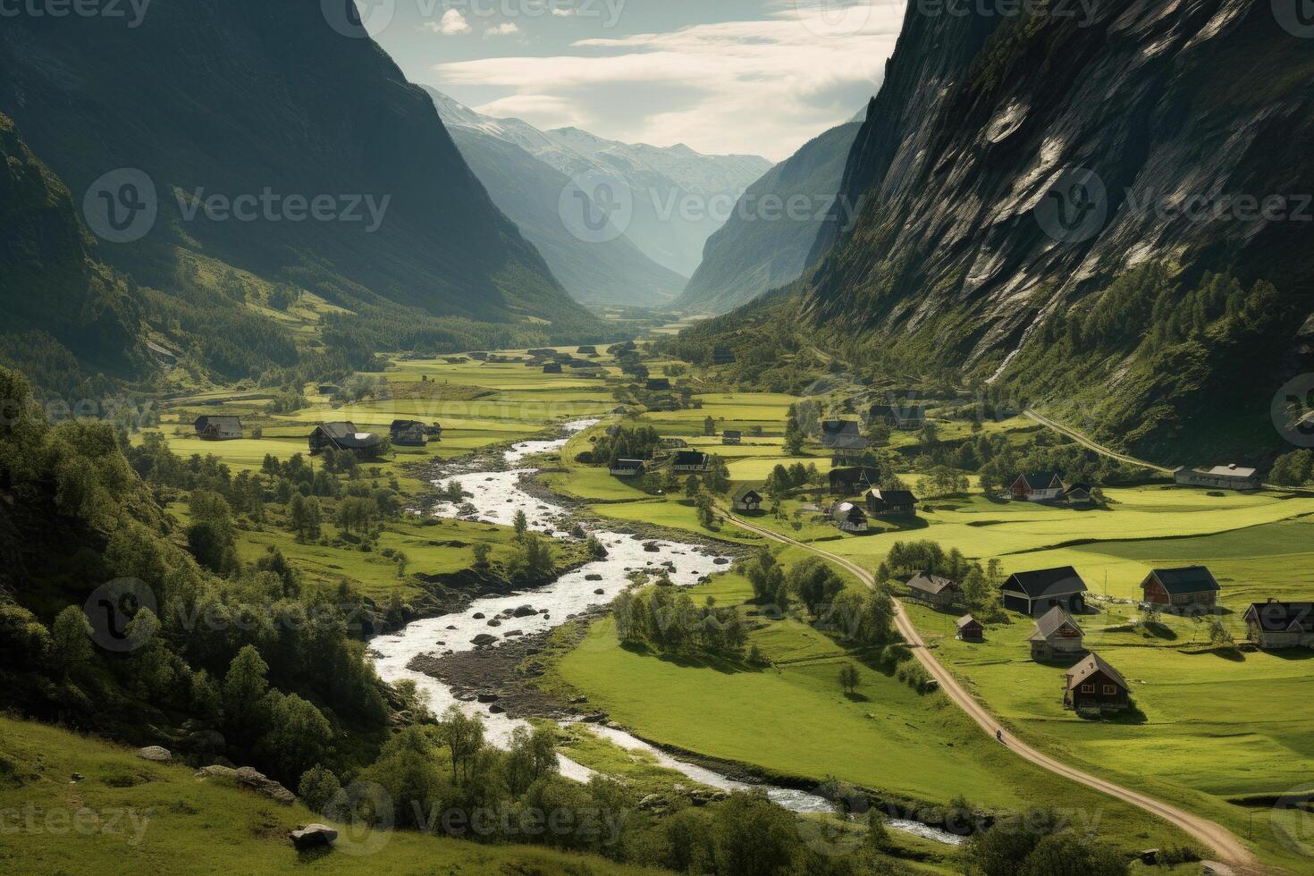 Green valley with beatiful view on river and mountains. Generative AI photo