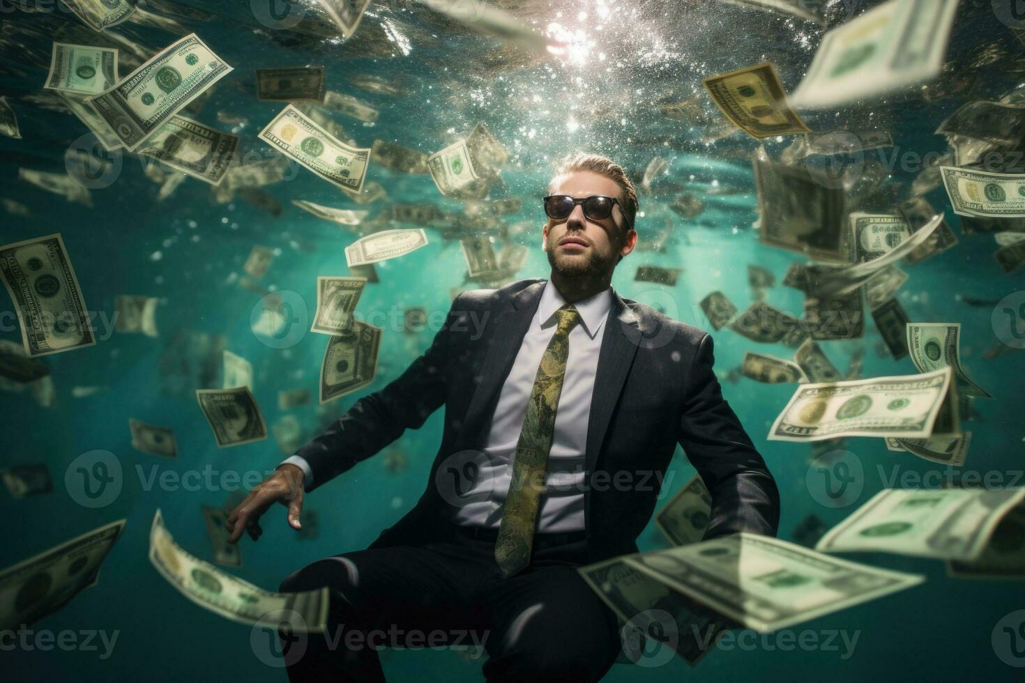 Businessman underwater in swimming pool with money. Generative AI photo
