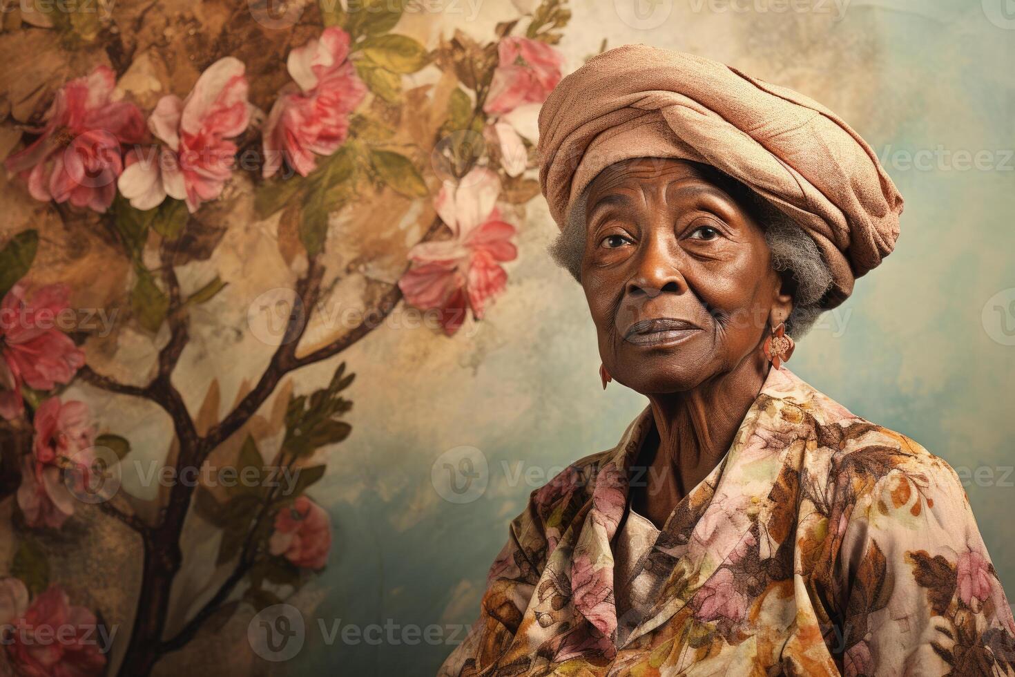 Creative stylish portrait of elderly black woman. Generative AI photo