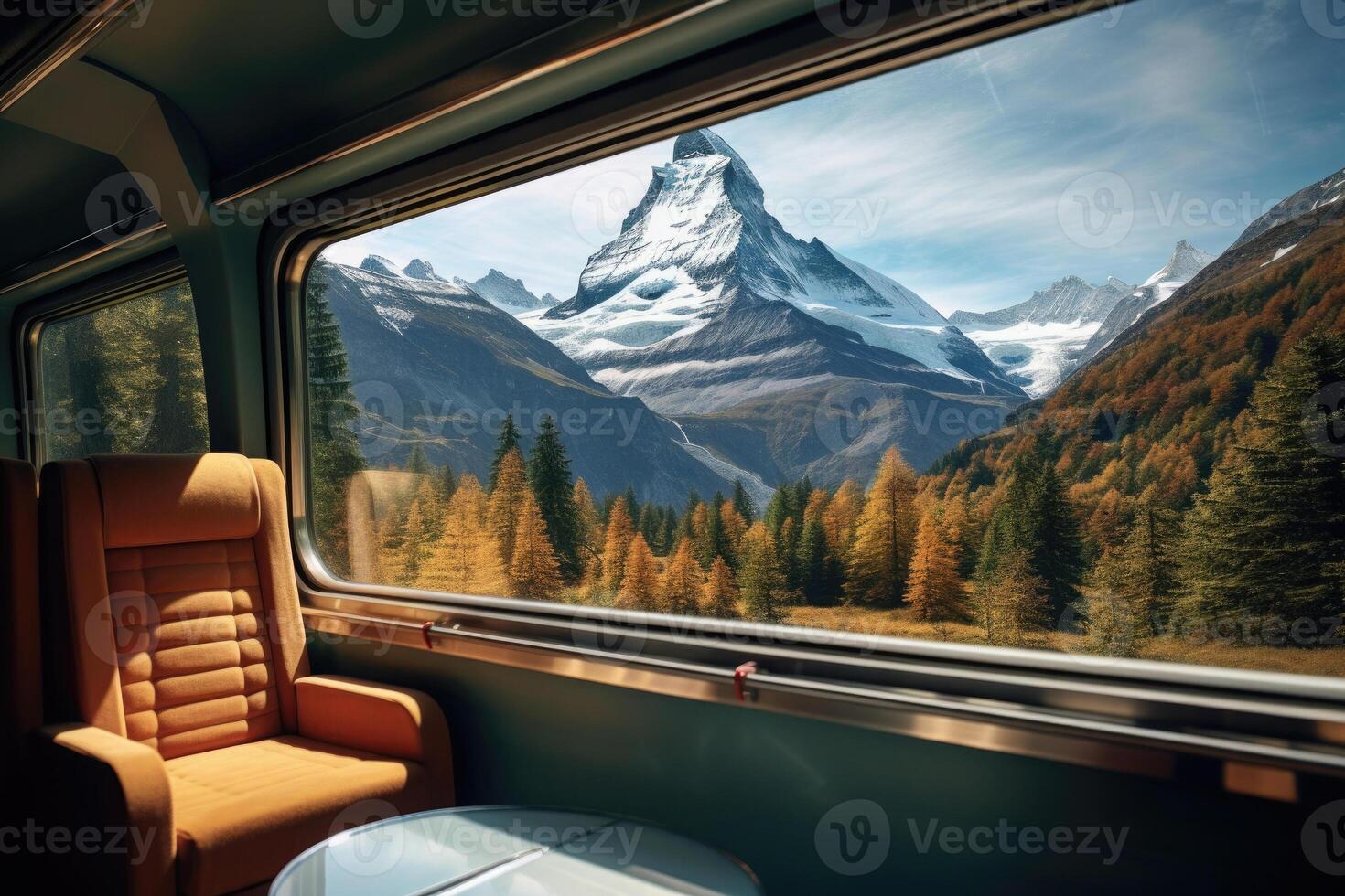 Empty train seats with snowy mountains landscape in window. photo