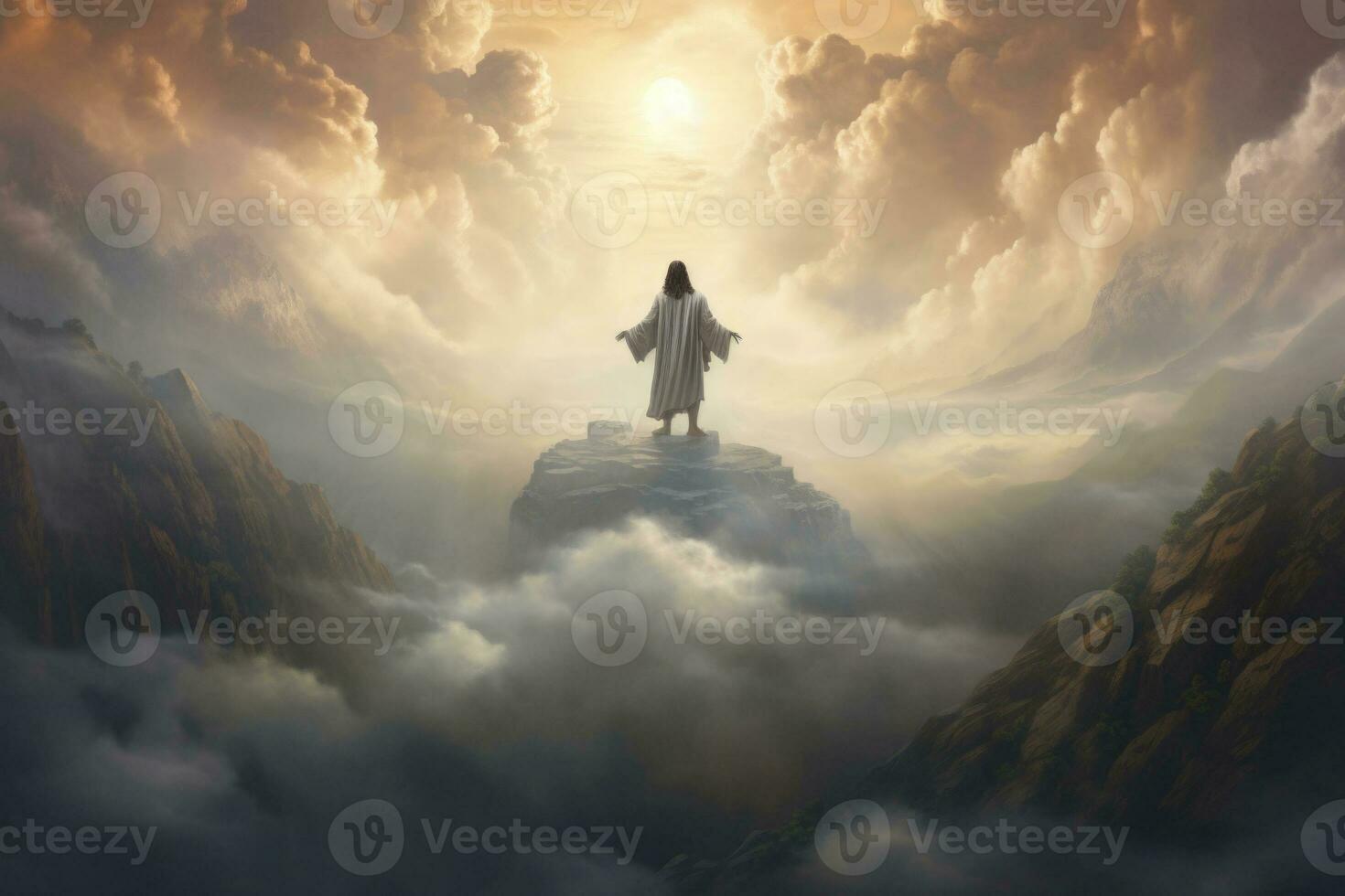 Jesus Christ stand on mountain in heaven. Generative AI photo