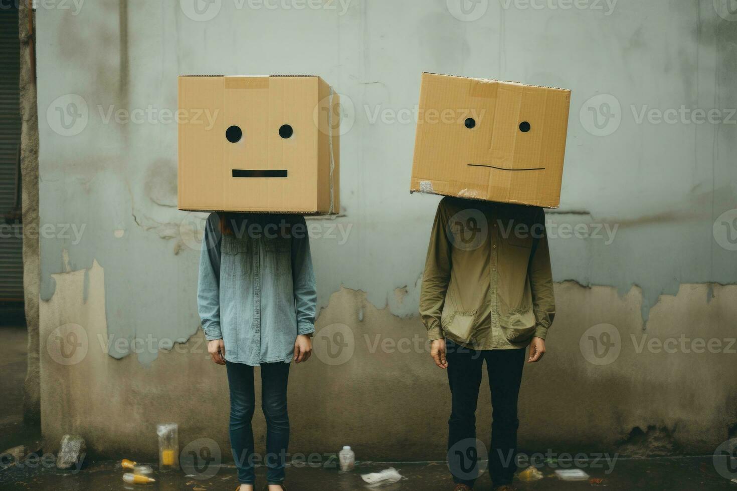 Man and woman with cardboard boxes on head. Generative AI photo
