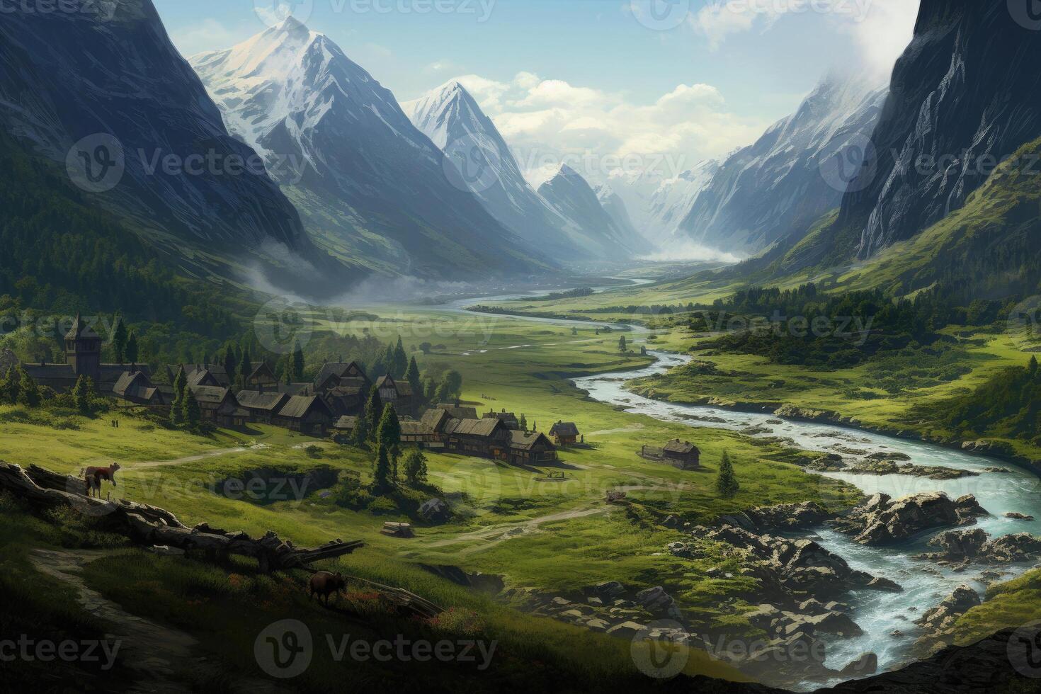 Green valley with beatiful view on river and mountains. photo