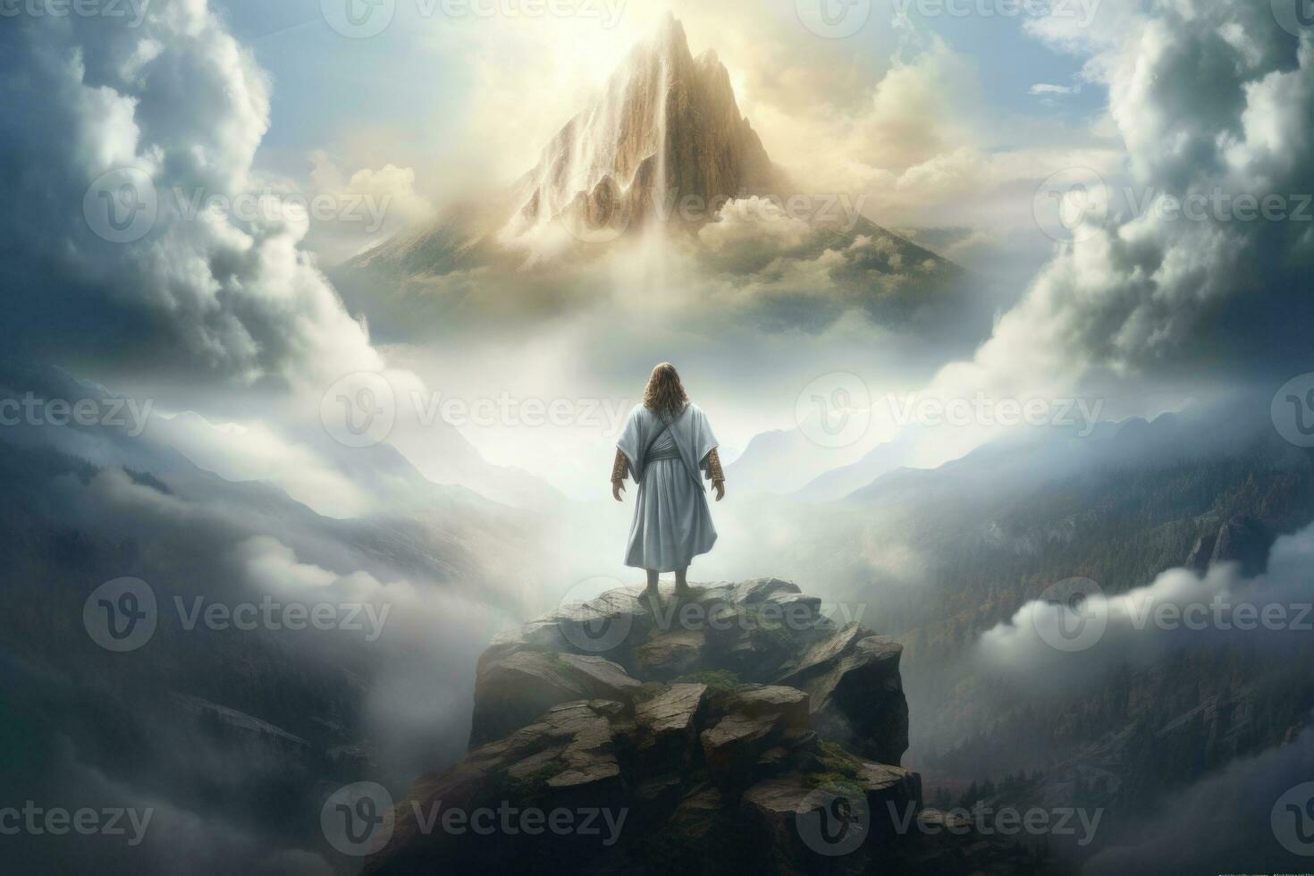 Jesus Christ stand on mountain in heaven. Generative AI photo