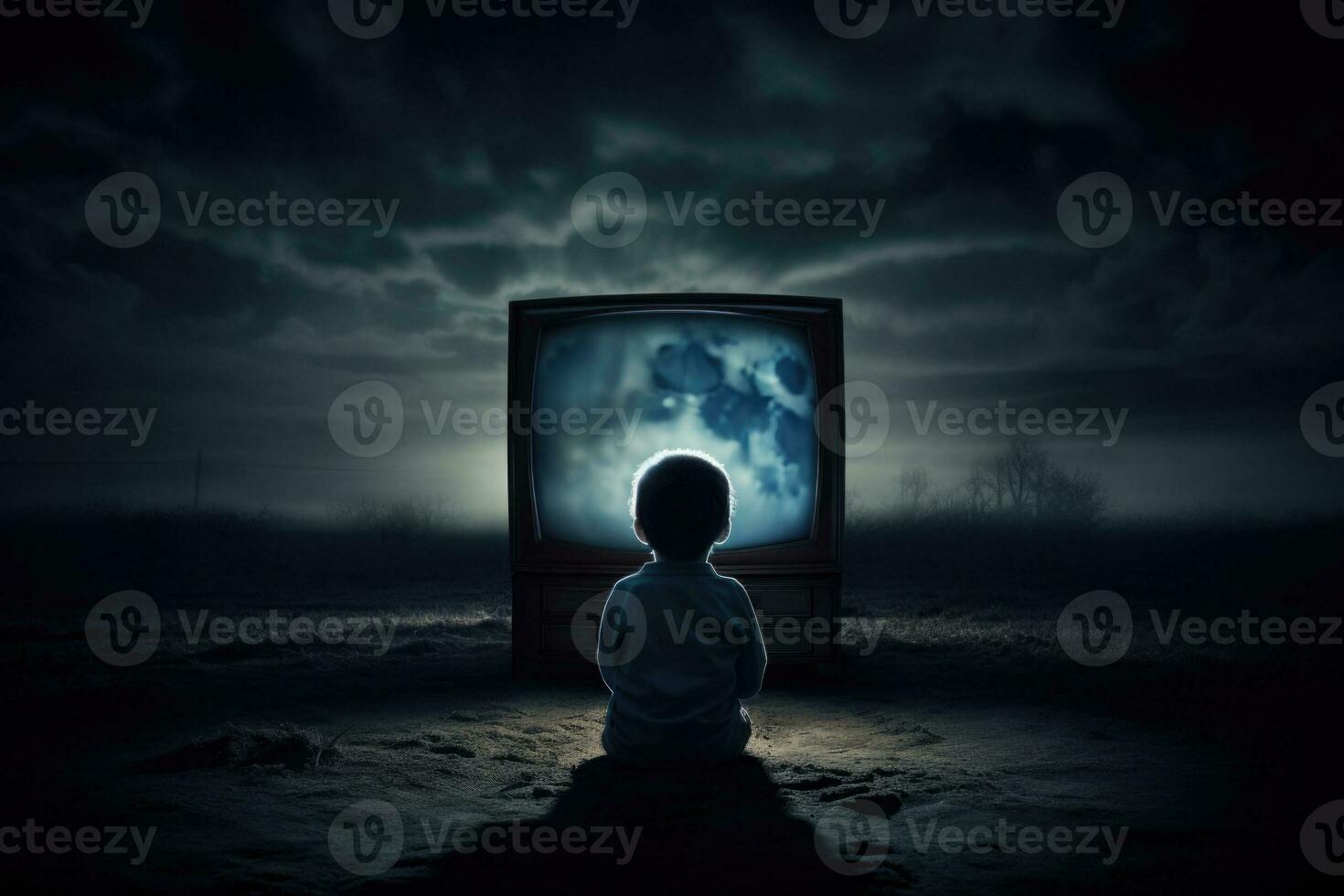 Boy sitting in front of tv set. Children addiction. Generative AI photo