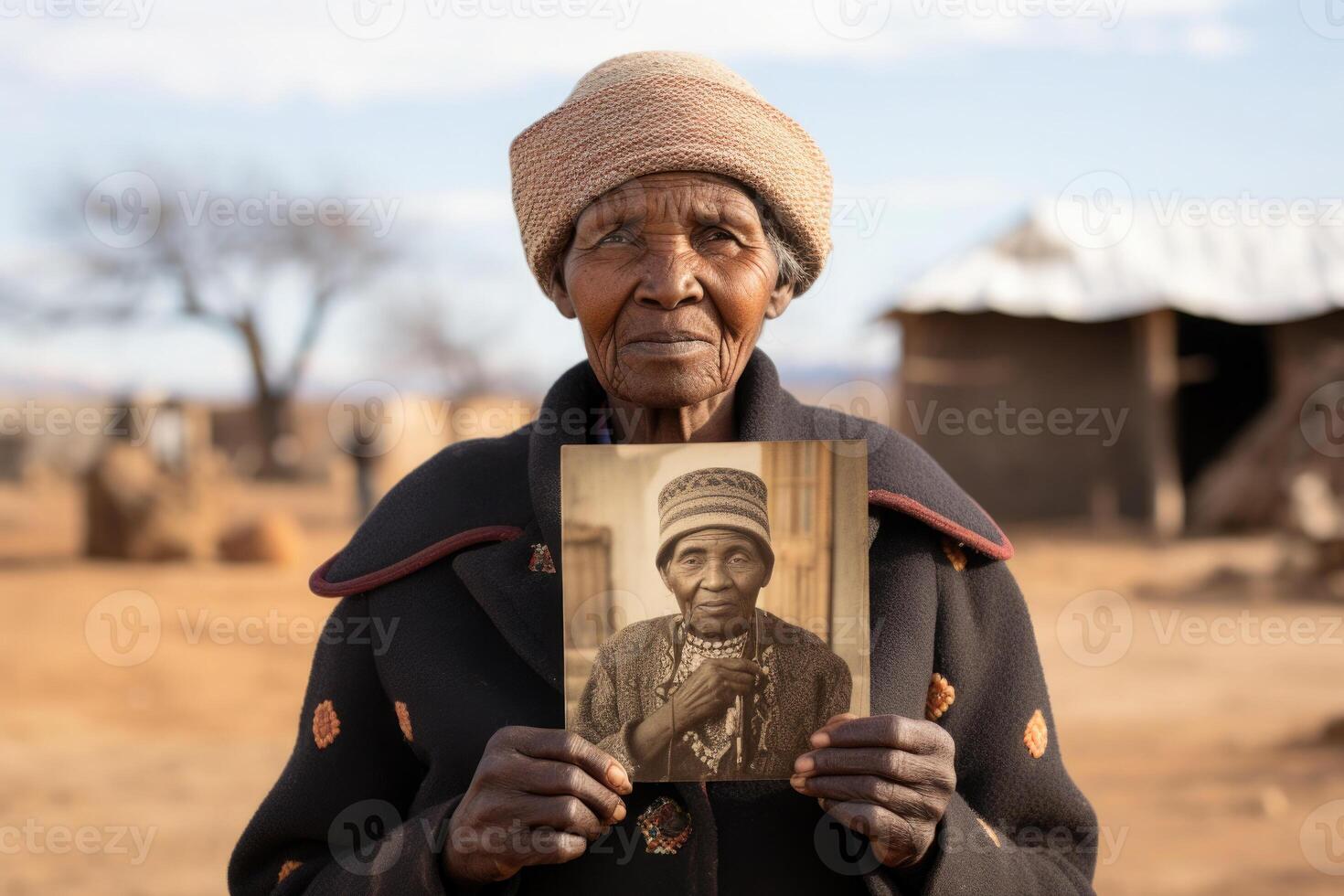 Elderly black woman holds an old photograph in her hands. Generative AI photo