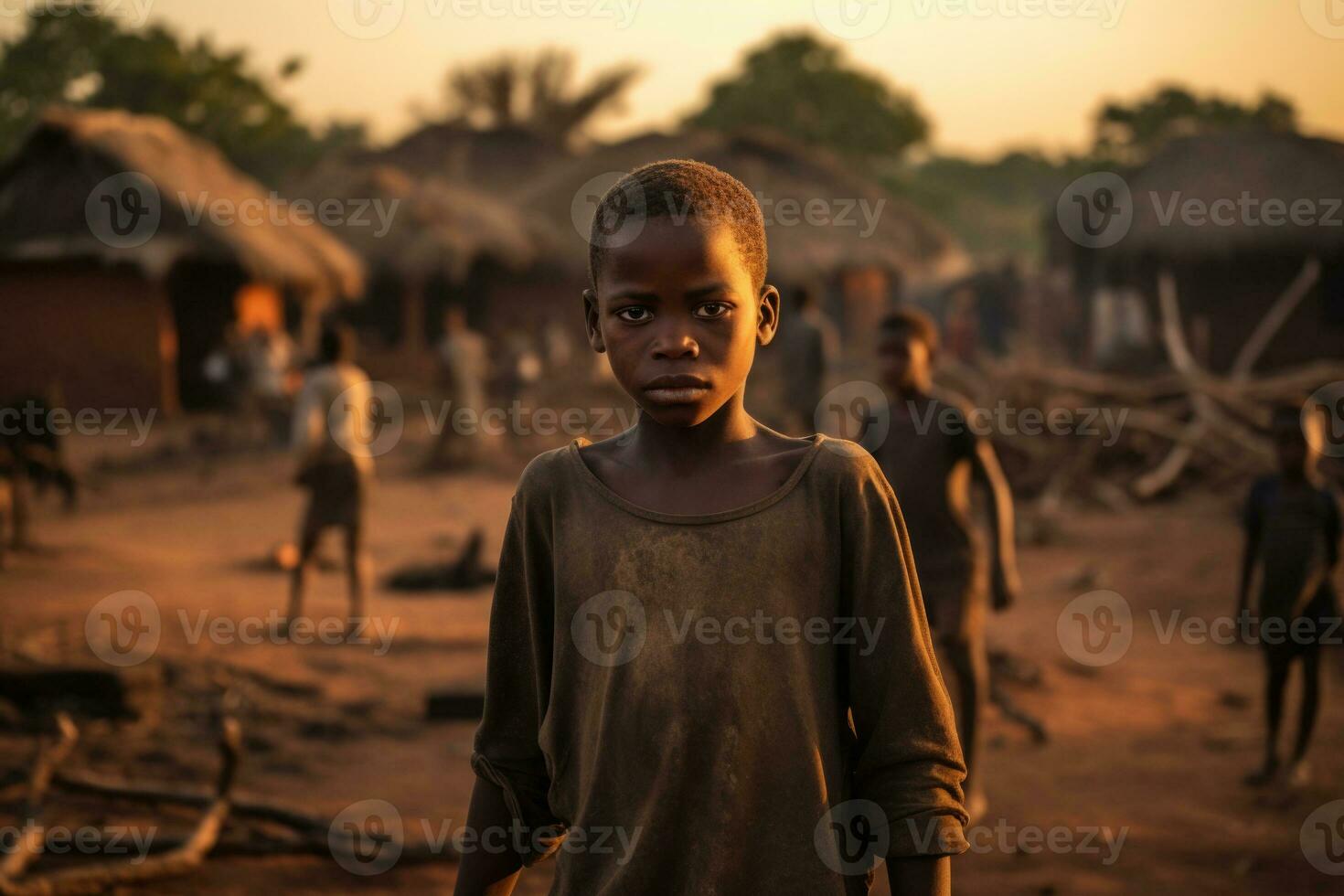 Portrait of african boy in village. Generative AI photo