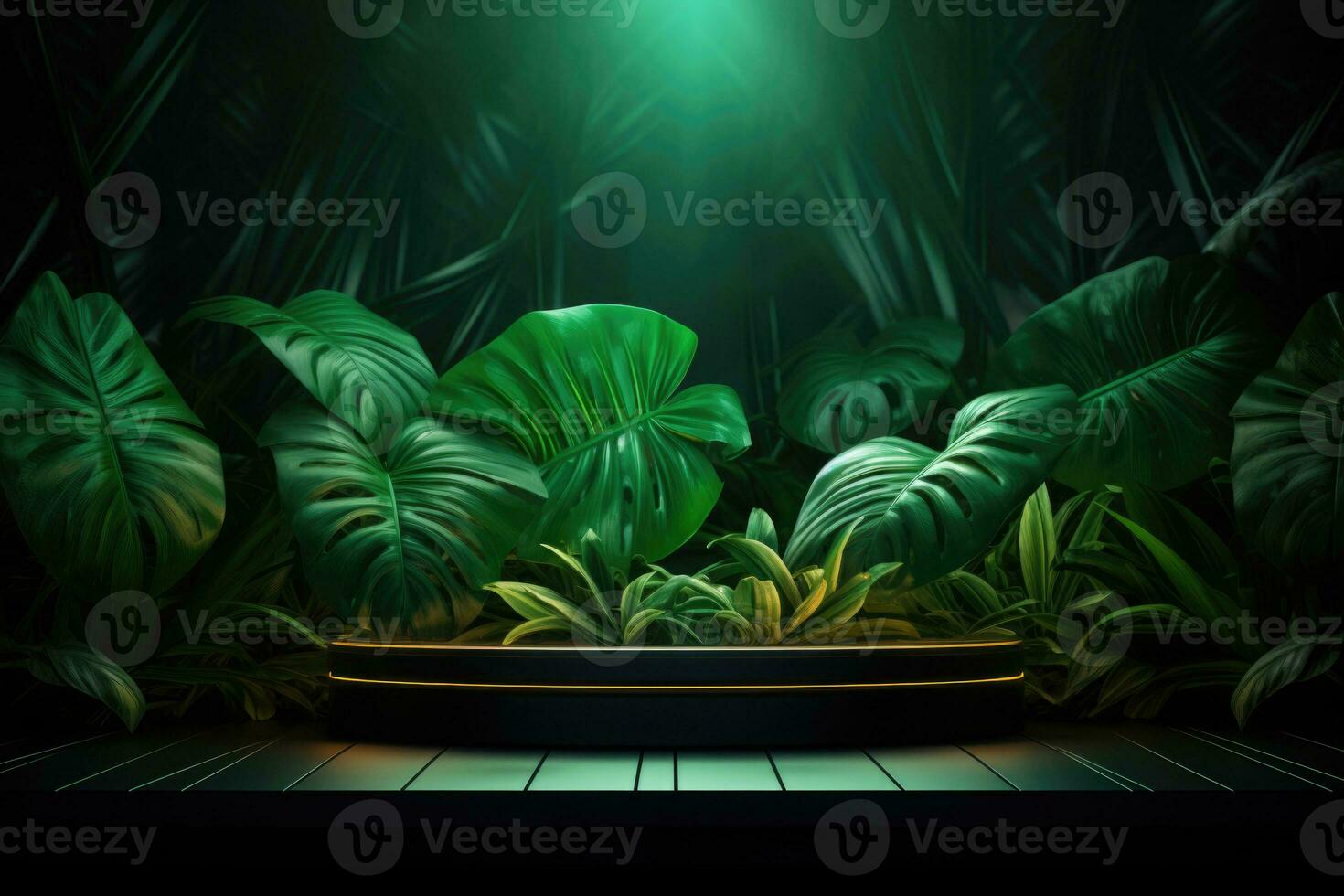 Podium with tropical exotic leaves background. Generative AI photo
