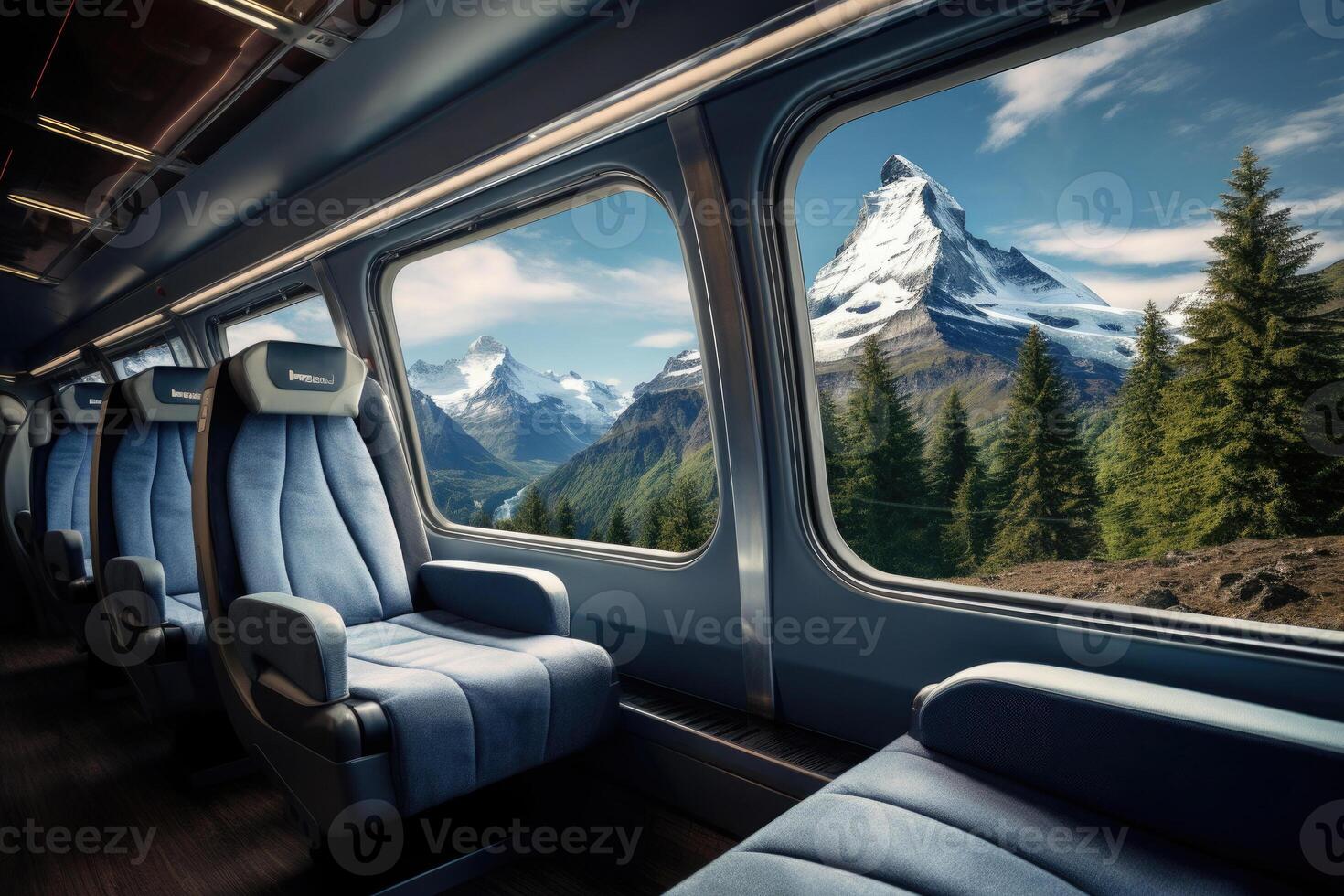 Empty train seats with snowy mountains landscape in window. photo