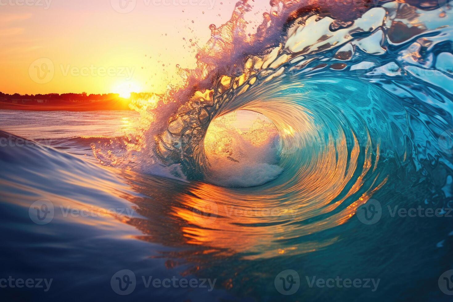 Large stormy ocean wave at sunset. Generative AI photo