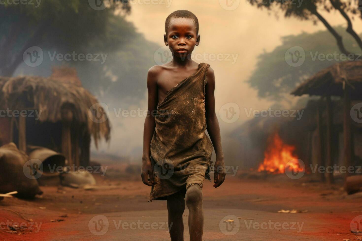 Portrait of african boy in village. Generative AI photo