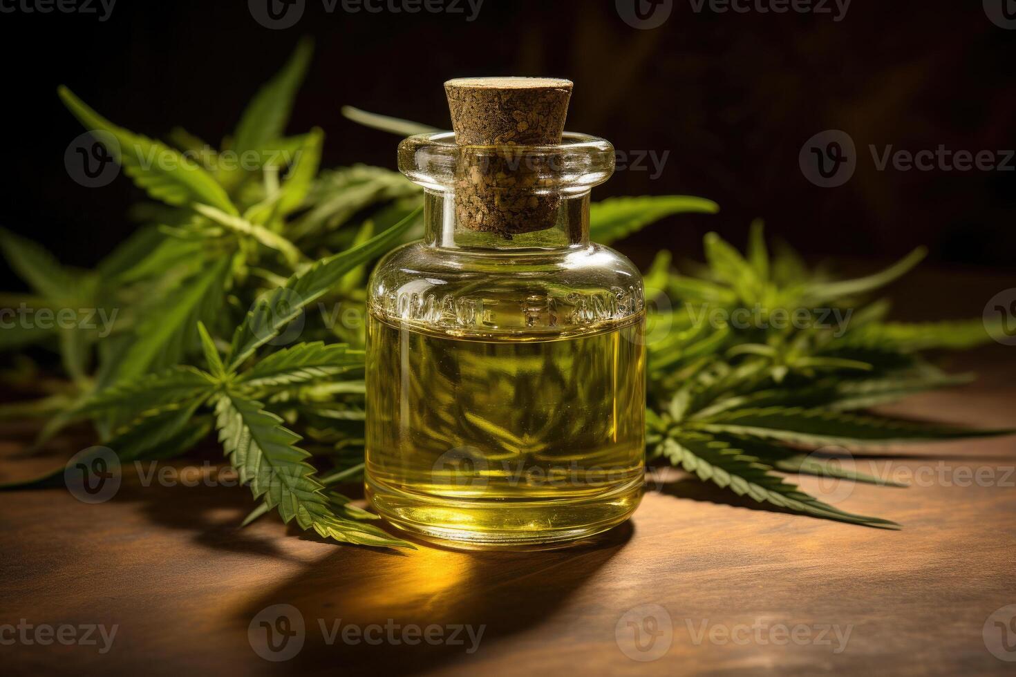 Cannabis leaves and extract oil in bottle.Light drugs for medicine.Generative AI photo