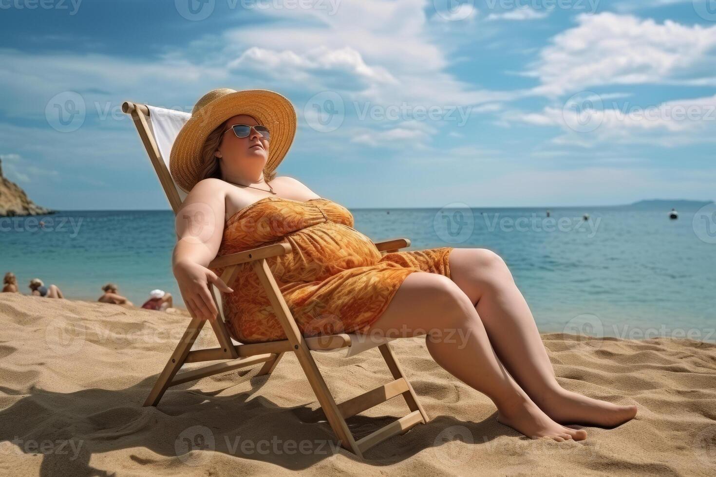 un muy grasa mujer disfruta su vacaciones. relajante en playa, en antecedentes playa y mar. ai generado foto